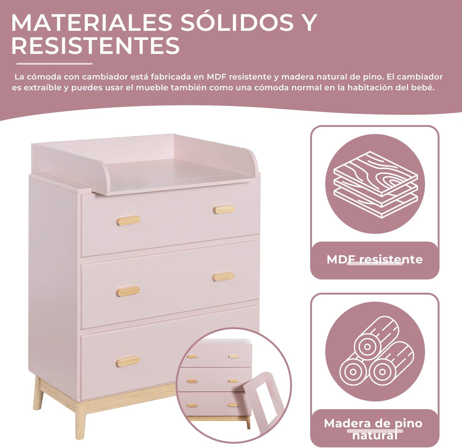 Rebecca Mobili Cómoda con Cambiador, Cambiador para Bebé, Rosa Marrón, MDF Pino, Ahorra Espacio, con Cambiador Desmontable -