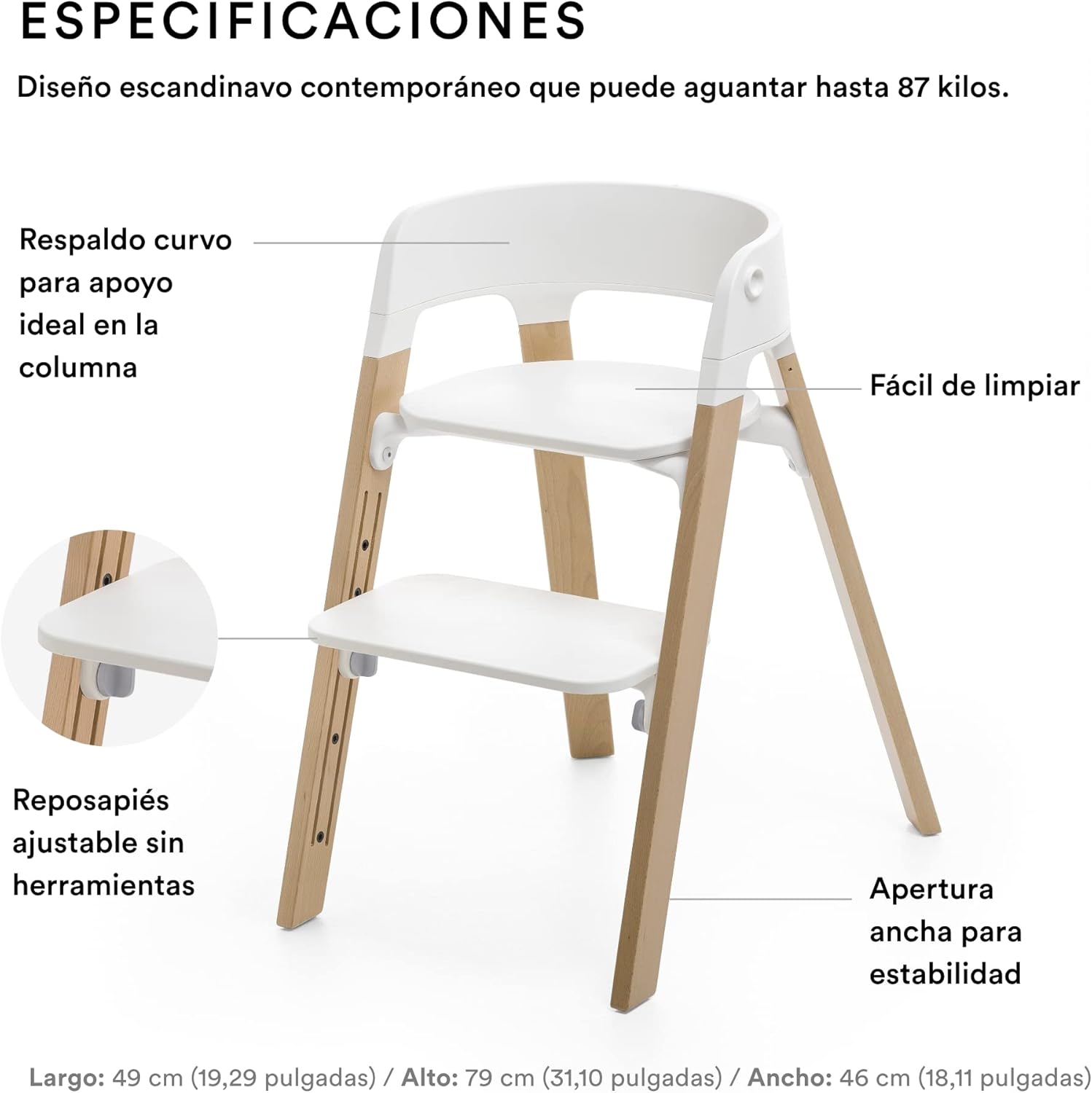 Silla Stokke Steps - Patas Natural y asiento blanco - Sistema de asiento 5 en 1 - De recién nacido hasta toda la infancia o l