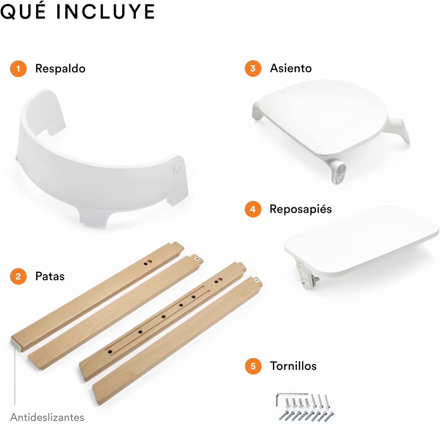 Silla Stokke Steps - Patas Natural y asiento blanco - Sistema de asiento 5 en 1 - De recién nacido hasta toda la infancia o l