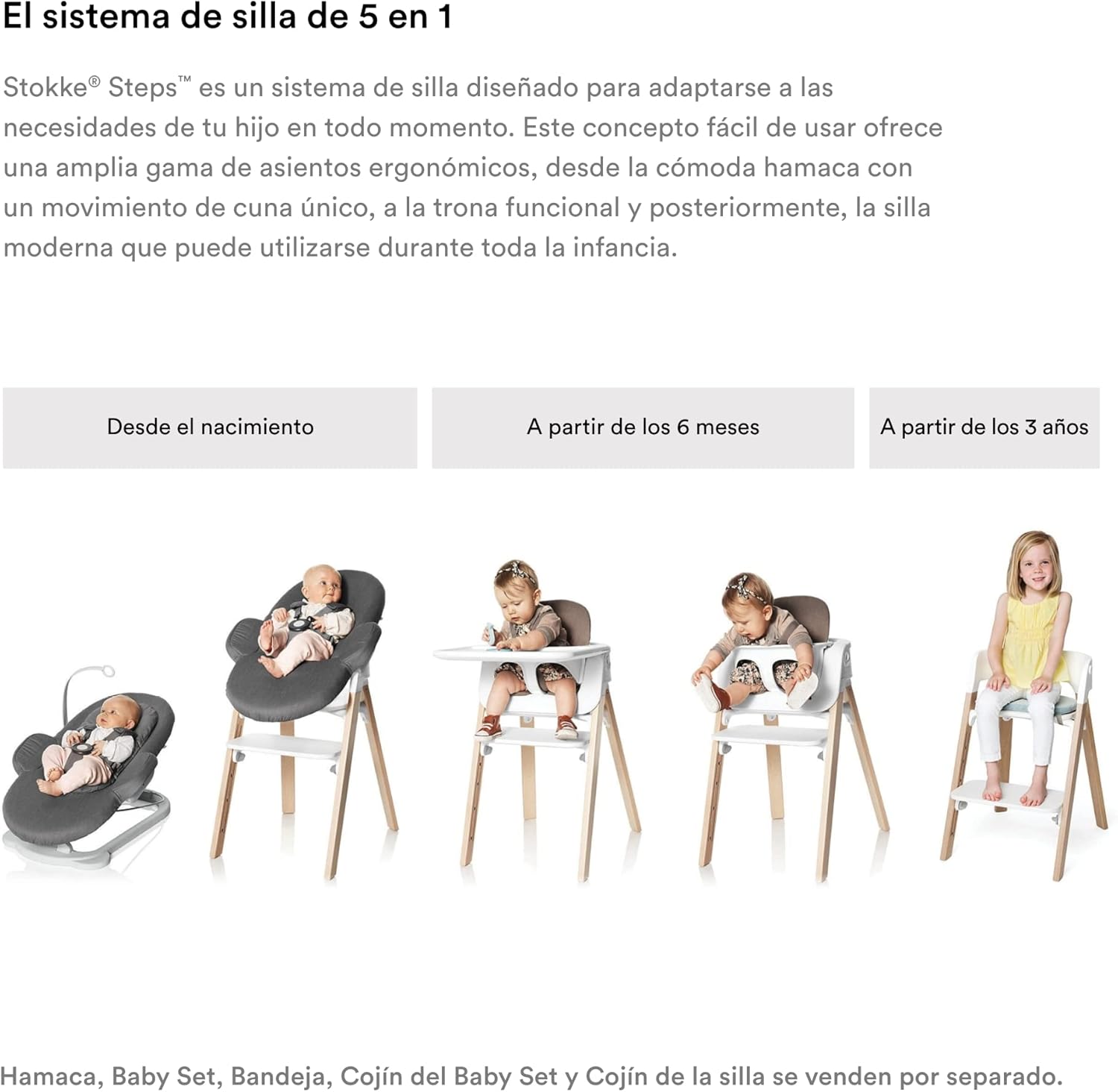 Silla Stokke Steps - Patas Natural y asiento blanco - Sistema de asiento 5 en 1 - De recién nacido hasta toda la infancia o l