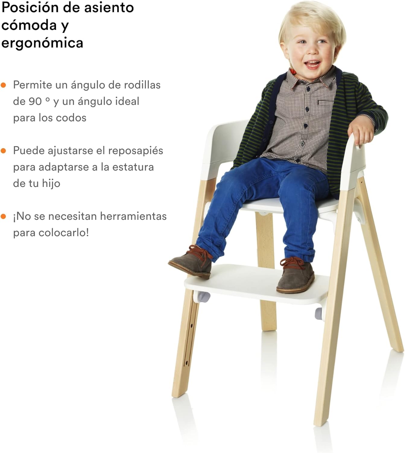 Silla Stokke Steps - Patas Natural y asiento blanco - Sistema de asiento 5 en 1 - De recién nacido hasta toda la infancia o l