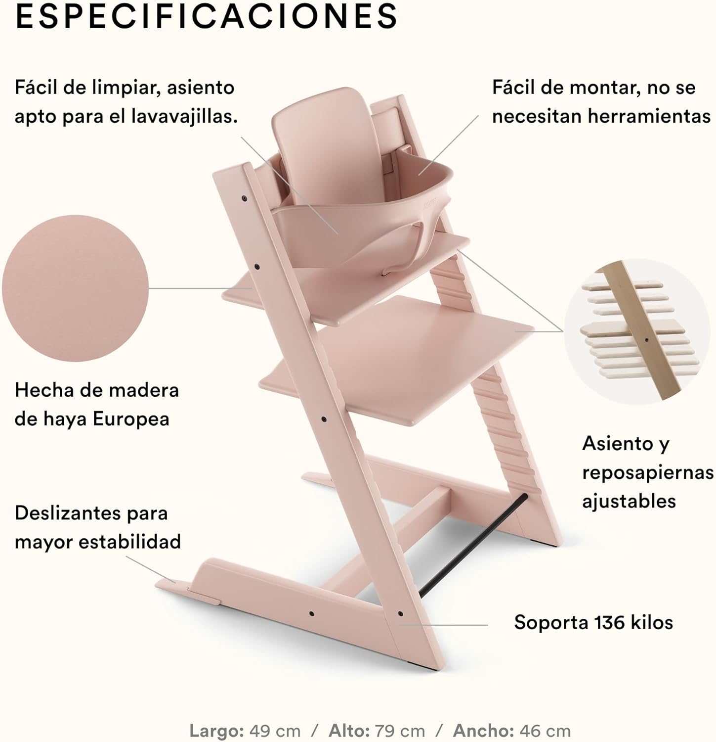 Trona Tripp Trapp de Stokke con Baby Set, Serene Pink - Silla ajustable y evolutiva para niños y adultos - Ergonómica & diseñ