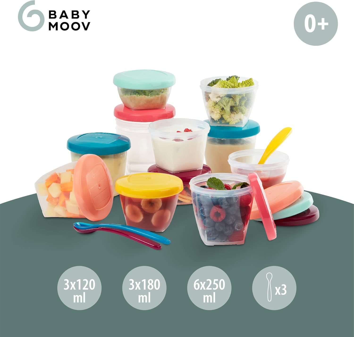Babymoov Babybols Pack de contenedores de conservación y cucharas (3 x 120 ml + 3 x 180 ml + 6 x 250 ml + 3 cucharas), Multis