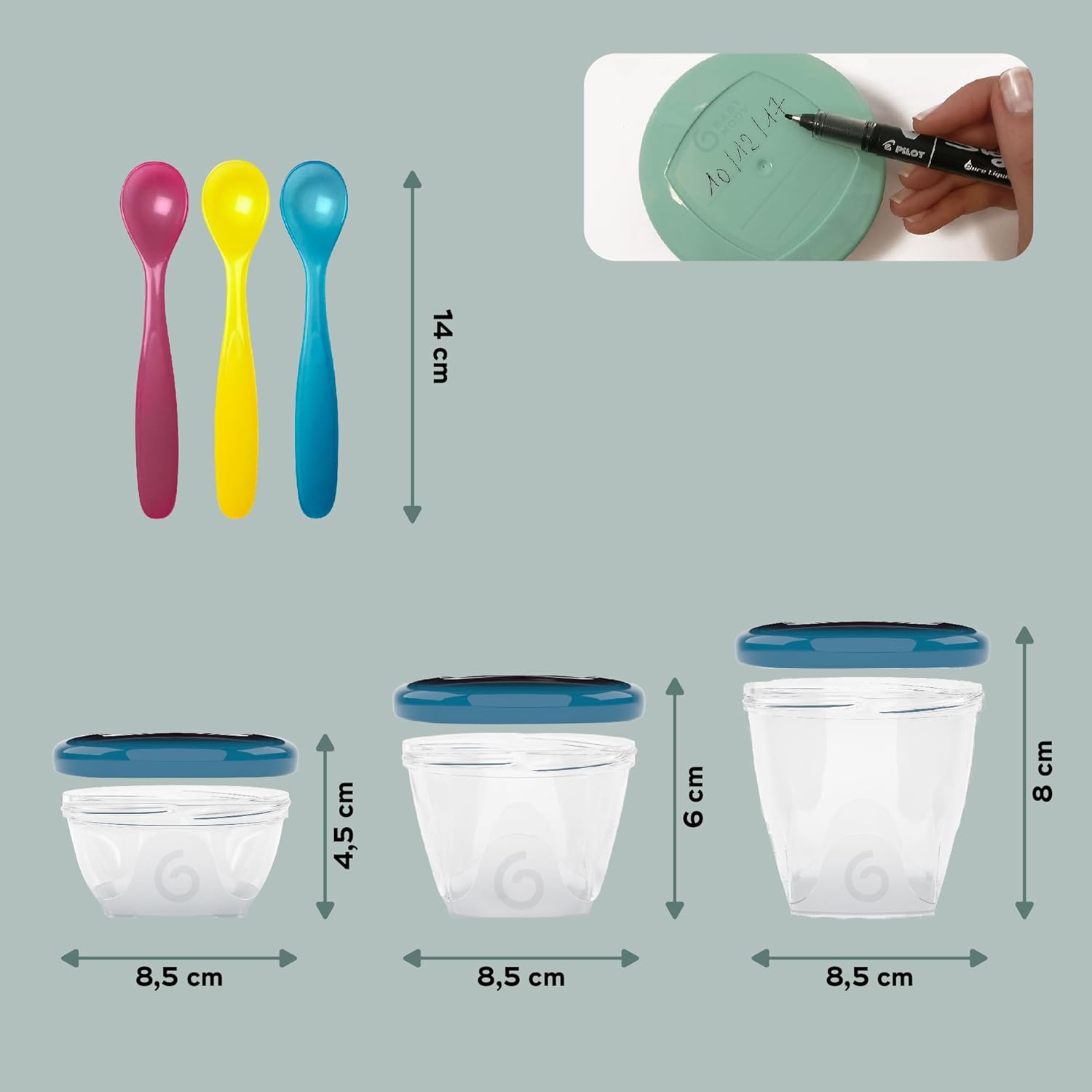 Babymoov Babybols Pack de contenedores de conservación y cucharas (3 x 120 ml + 3 x 180 ml + 6 x 250 ml + 3 cucharas), Multis
