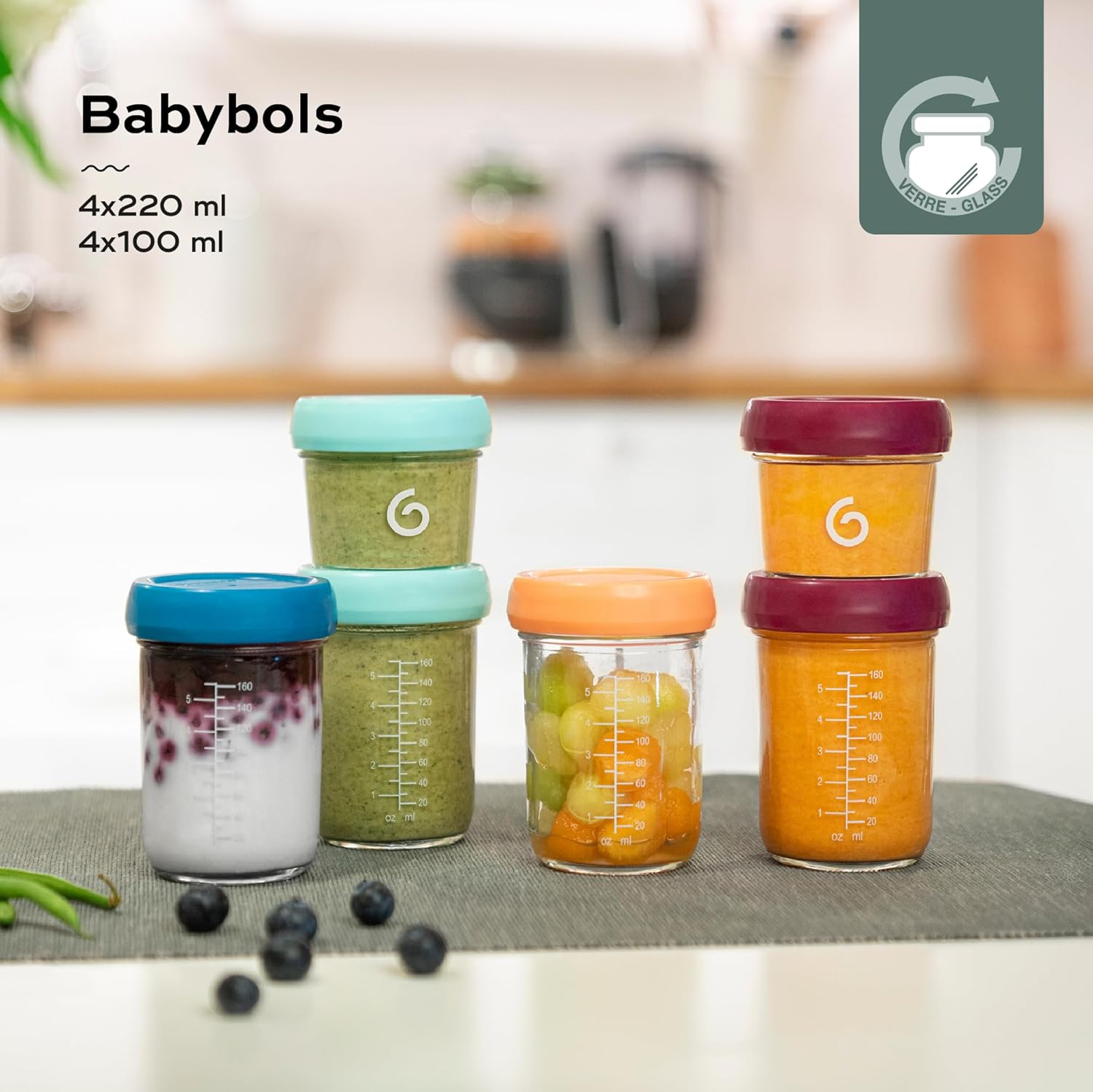 Babymoov Babybols recipientes de vidrio para papillas - para almacenar y congelar papillas, 4x 220ml + 4x 100ml + libro de re