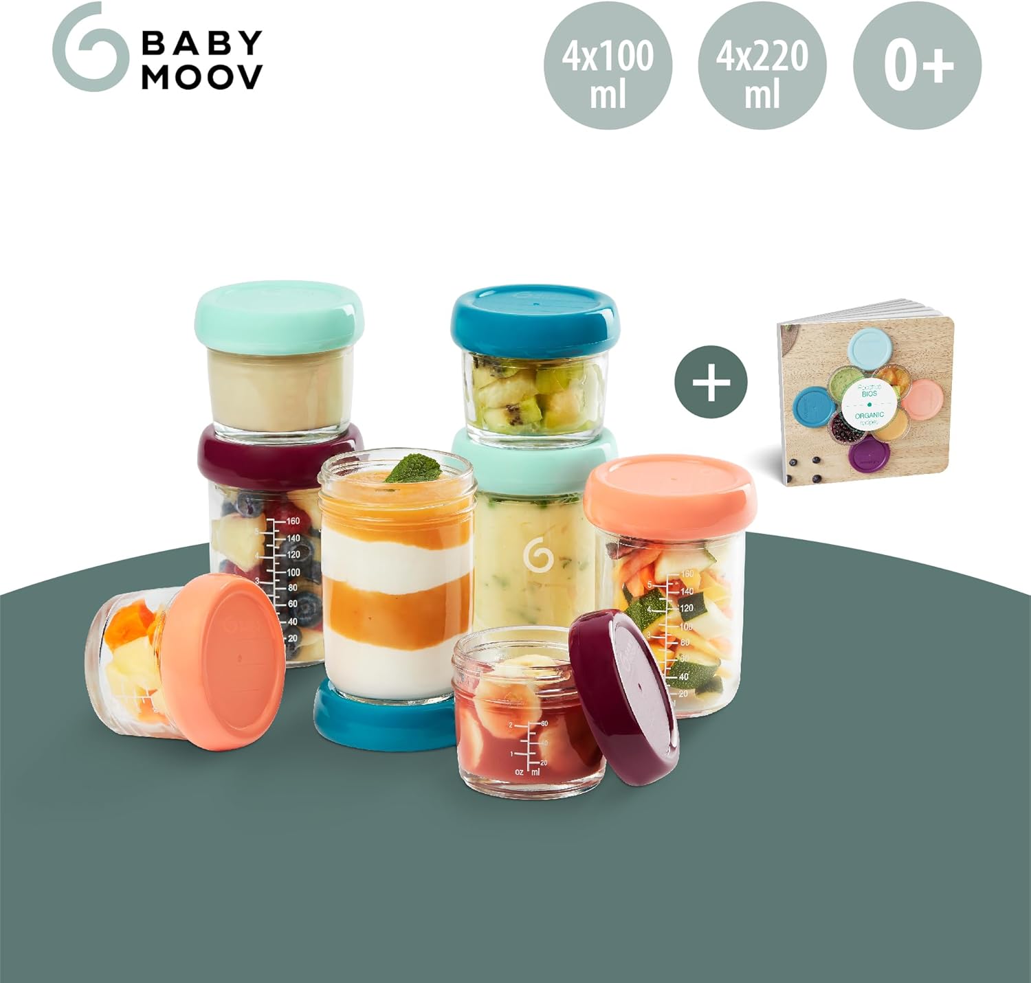 Babymoov Babybols recipientes de vidrio para papillas - para almacenar y congelar papillas, 4x 220ml + 4x 100ml + libro de re