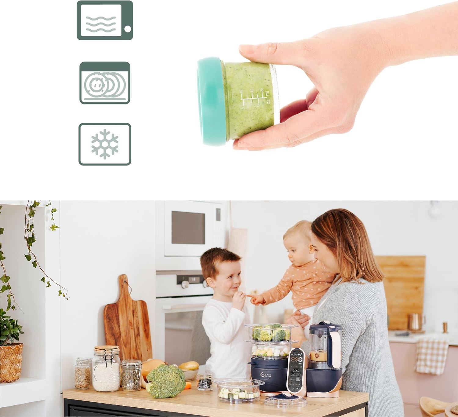 Babymoov Babybols recipientes de vidrio para papillas - para almacenar y congelar papillas, 4x 220ml + 4x 100ml + libro de re
