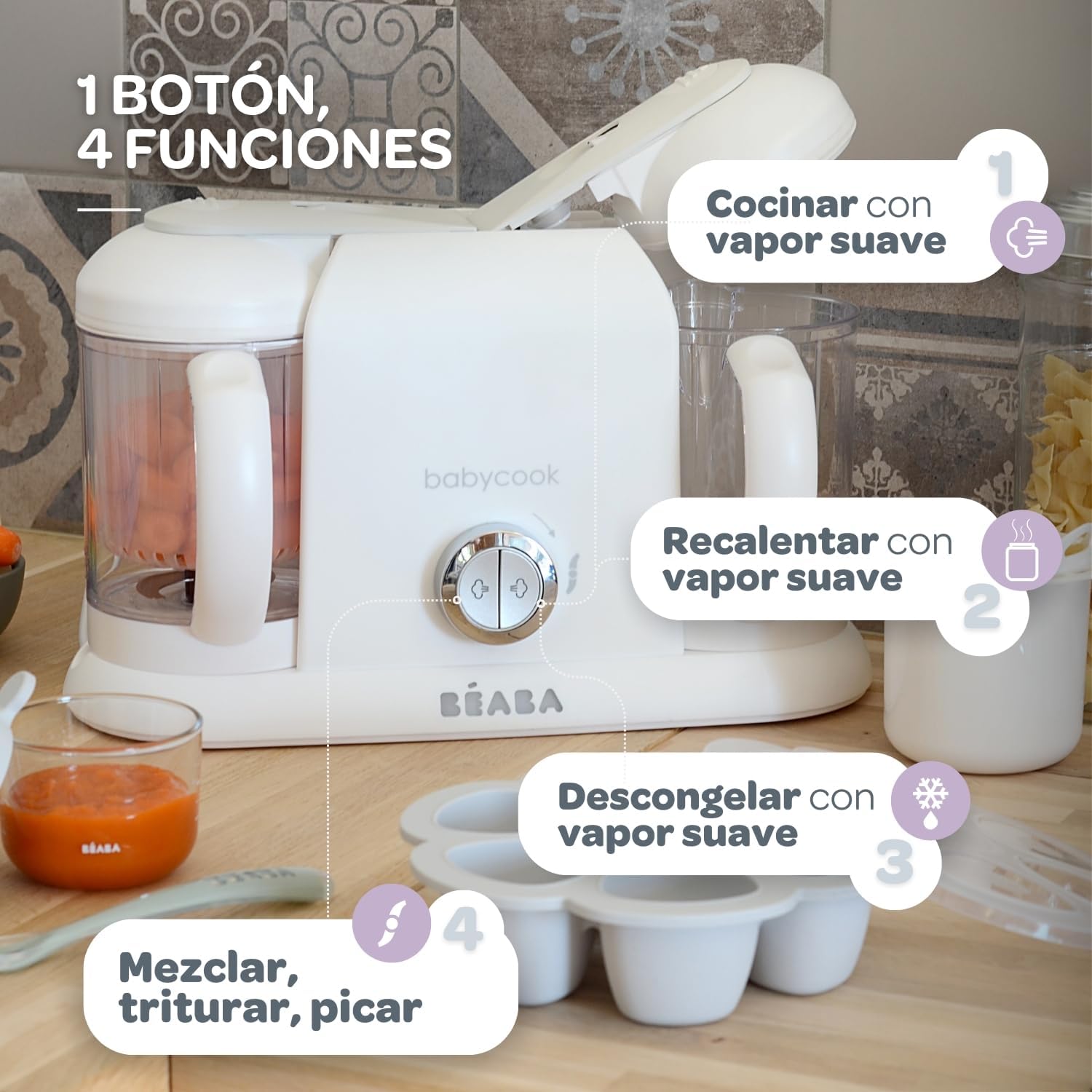 BÉABA Babycook Duo, Robot de cocina infantil 4 en 1, Tritura, cocina y cuece al vapor, Rápido en 15 minutos, Comida casera pa