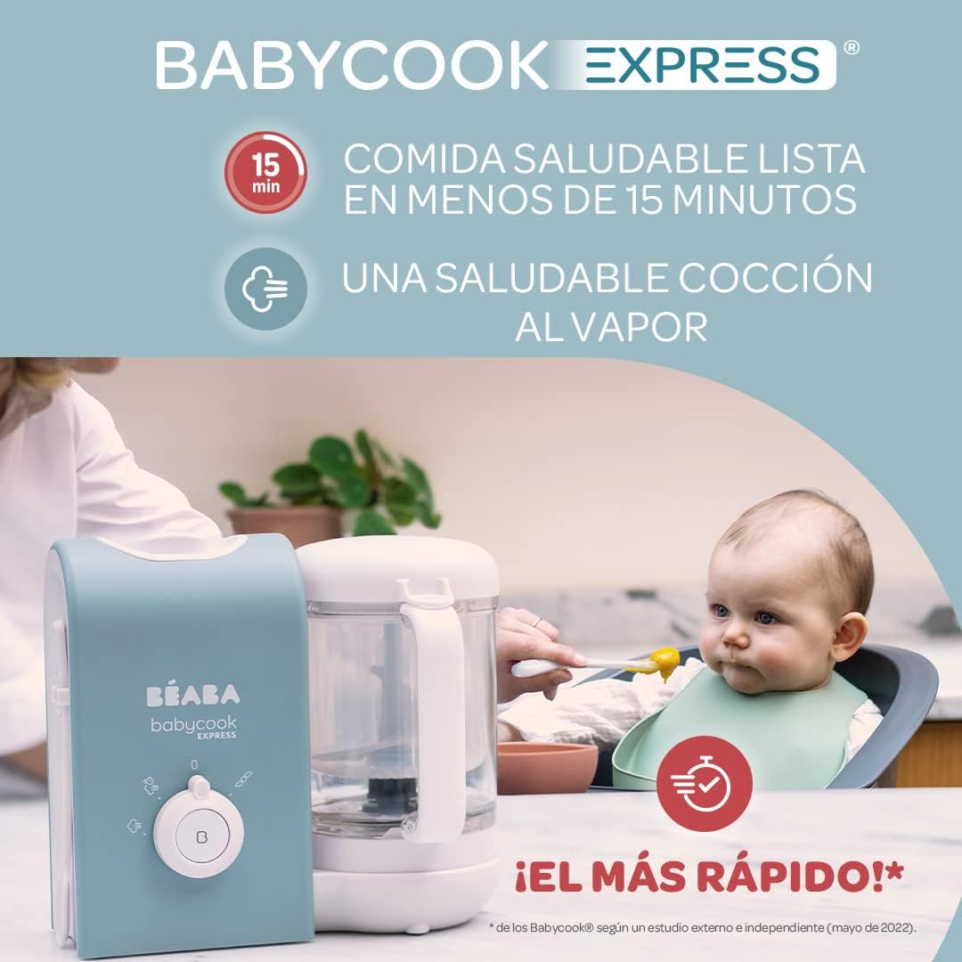 BEABA, Babycook Express, Robot de cocina infantil 4 en 1, Cocción exprés 15min, Mezcla personalizada, Cocción al vapor sana y