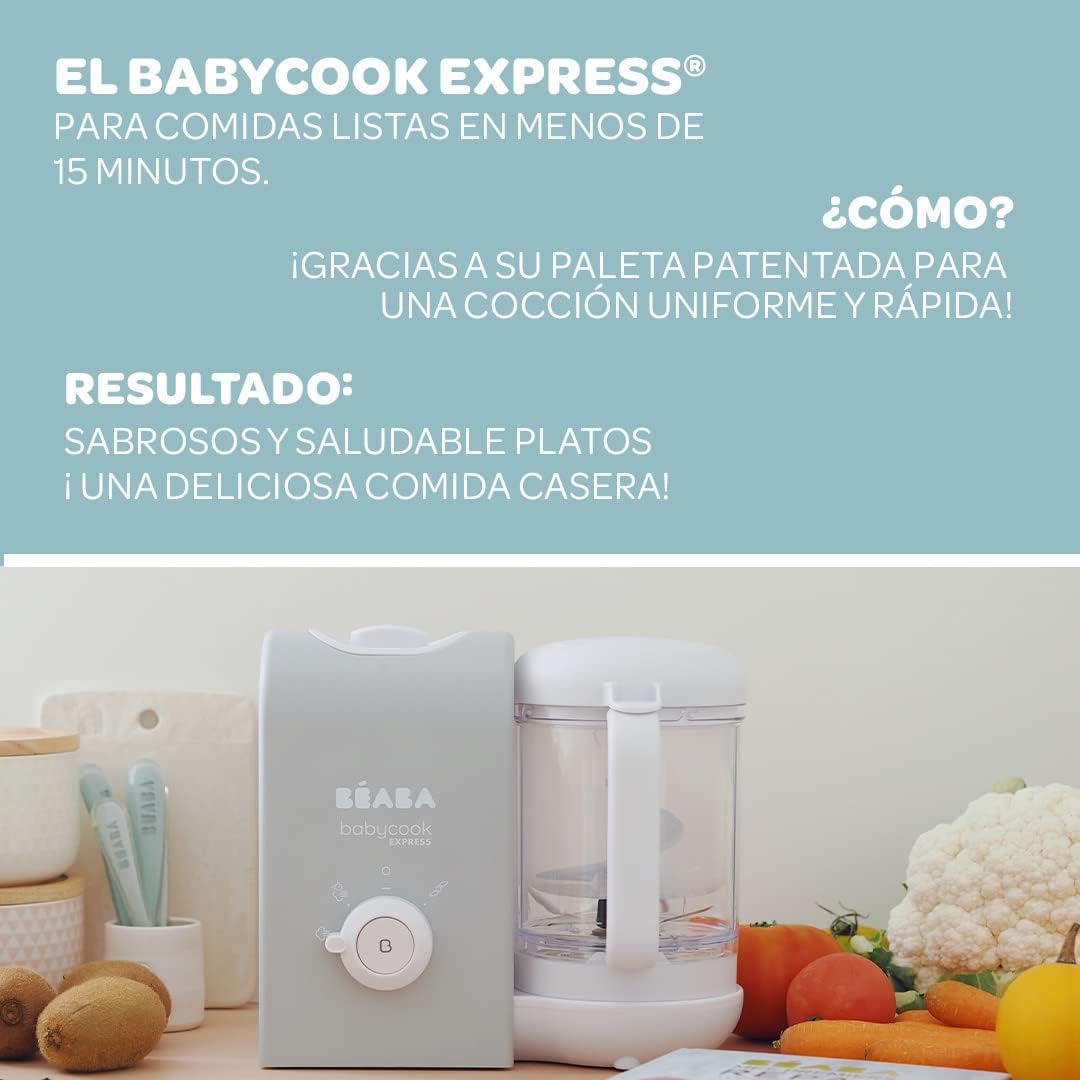 BEABA, Babycook Express, Robot de cocina infantil 4 en 1, Cocción exprés 15min, Mezcla personalizada, Cocción al vapor sana y