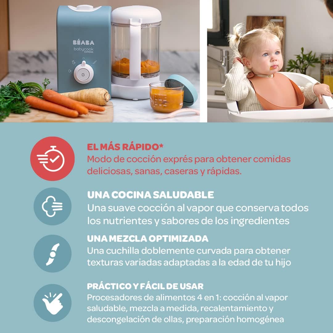 BEABA, Babycook Express, Robot de cocina infantil 4 en 1, Cocción exprés 15min, Mezcla personalizada, Cocción al vapor sana y