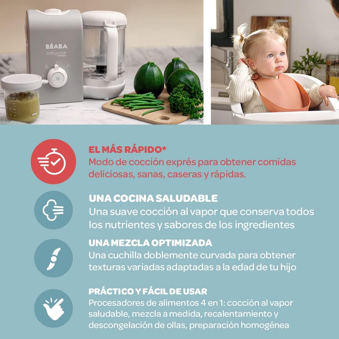 BEABA, Babycook Express, Robot de cocina infantil 4 en 1, Cocción exprés 15min, Mezcla personalizada, Cocción al vapor sana y