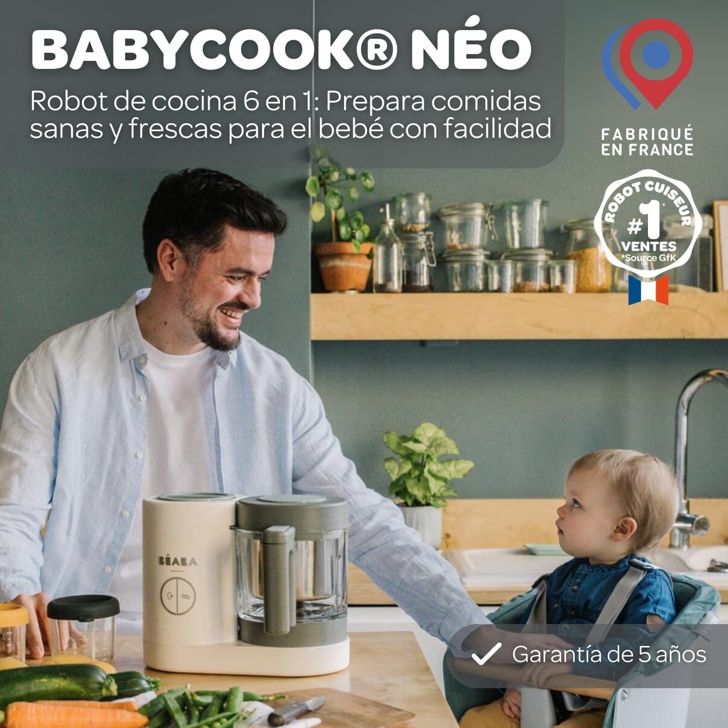 BÉABA Babycook Neo, Robot de cocina infantil, tritura, cocina y cuece al vapor, Rápido en 15 minutos, Recipiente de vidrio y