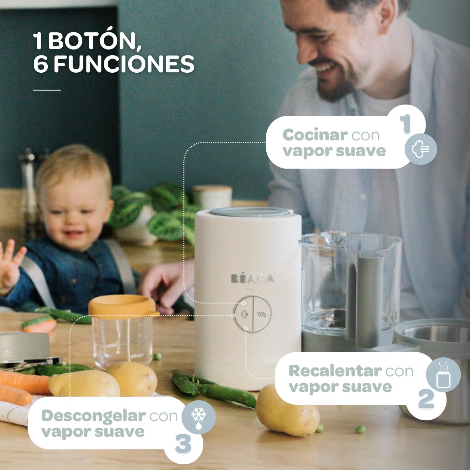 BÉABA Babycook Neo, Robot de cocina infantil, tritura, cocina y cuece al vapor, Rápido en 15 minutos, Recipiente de vidrio y