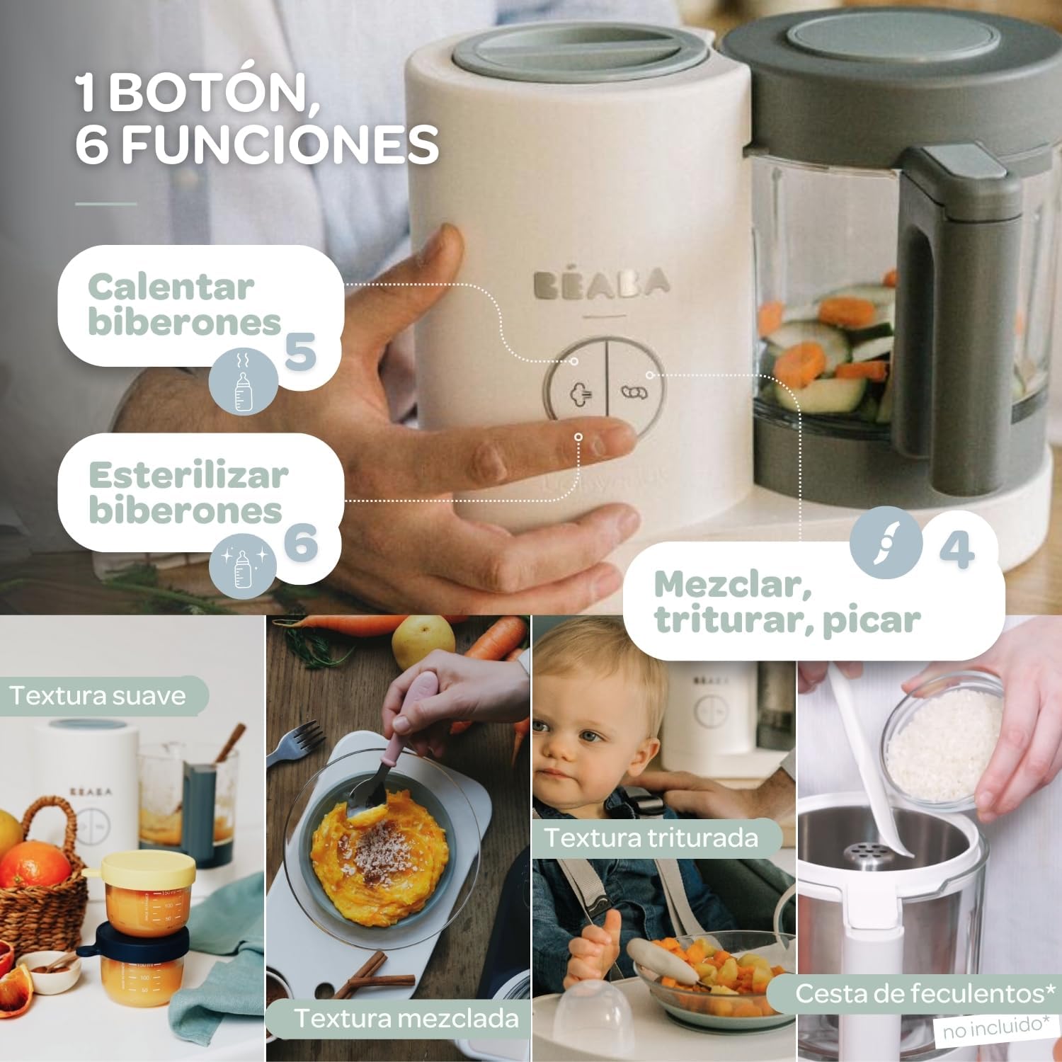 BÉABA Babycook Neo, Robot de cocina infantil, tritura, cocina y cuece al vapor, Rápido en 15 minutos, Recipiente de vidrio y