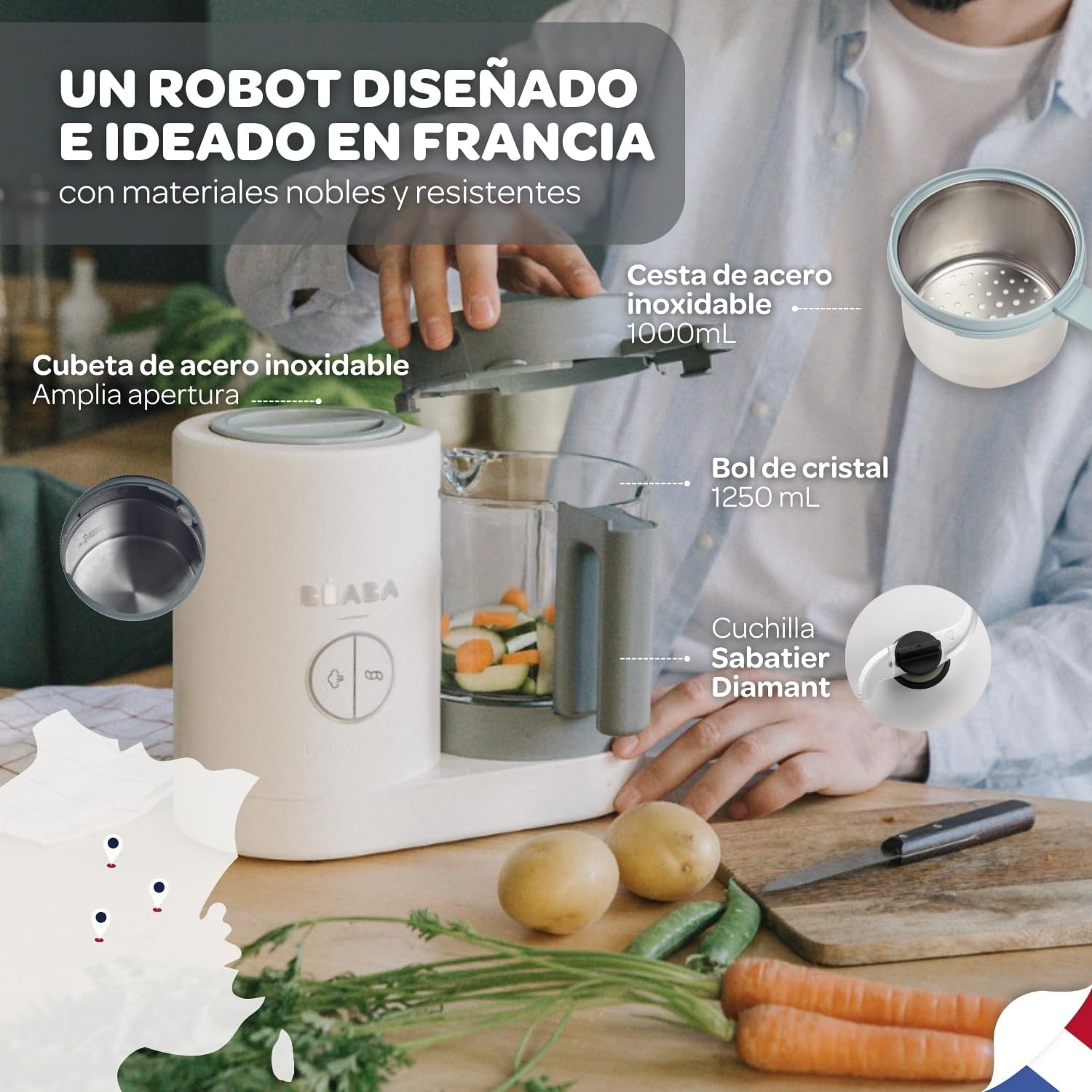 BÉABA Babycook Neo, Robot de cocina infantil, tritura, cocina y cuece al vapor, Rápido en 15 minutos, Recipiente de vidrio y
