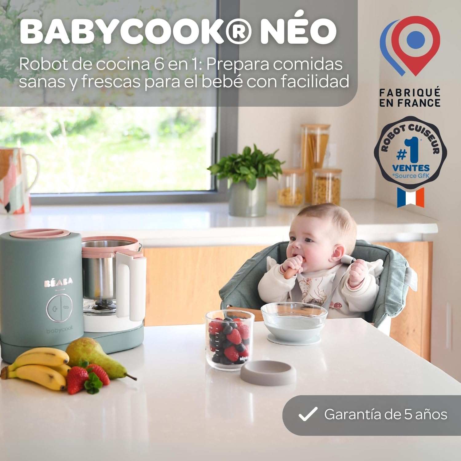 BÉABA Babycook Neo, Robot de cocina infantil, tritura, cocina y cuece al vapor, Rápido en 15 minutos, Recipiente de vidrio y