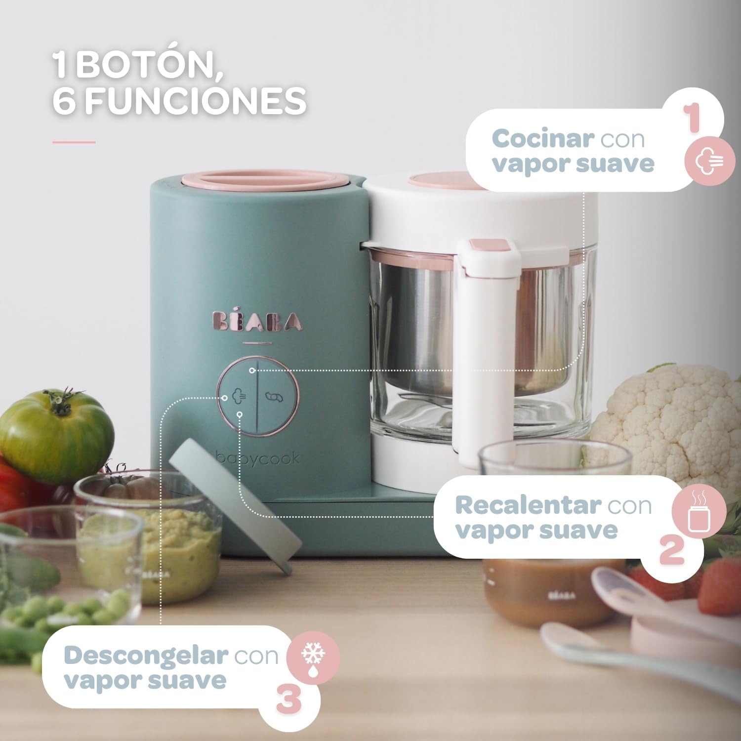 BÉABA Babycook Neo, Robot de cocina infantil, tritura, cocina y cuece al vapor, Rápido en 15 minutos, Recipiente de vidrio y