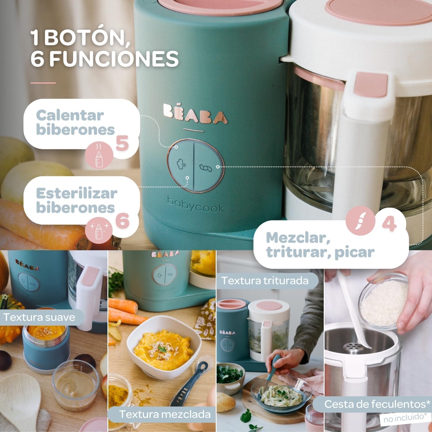 BÉABA Babycook Neo, Robot de cocina infantil, tritura, cocina y cuece al vapor, Rápido en 15 minutos, Recipiente de vidrio y