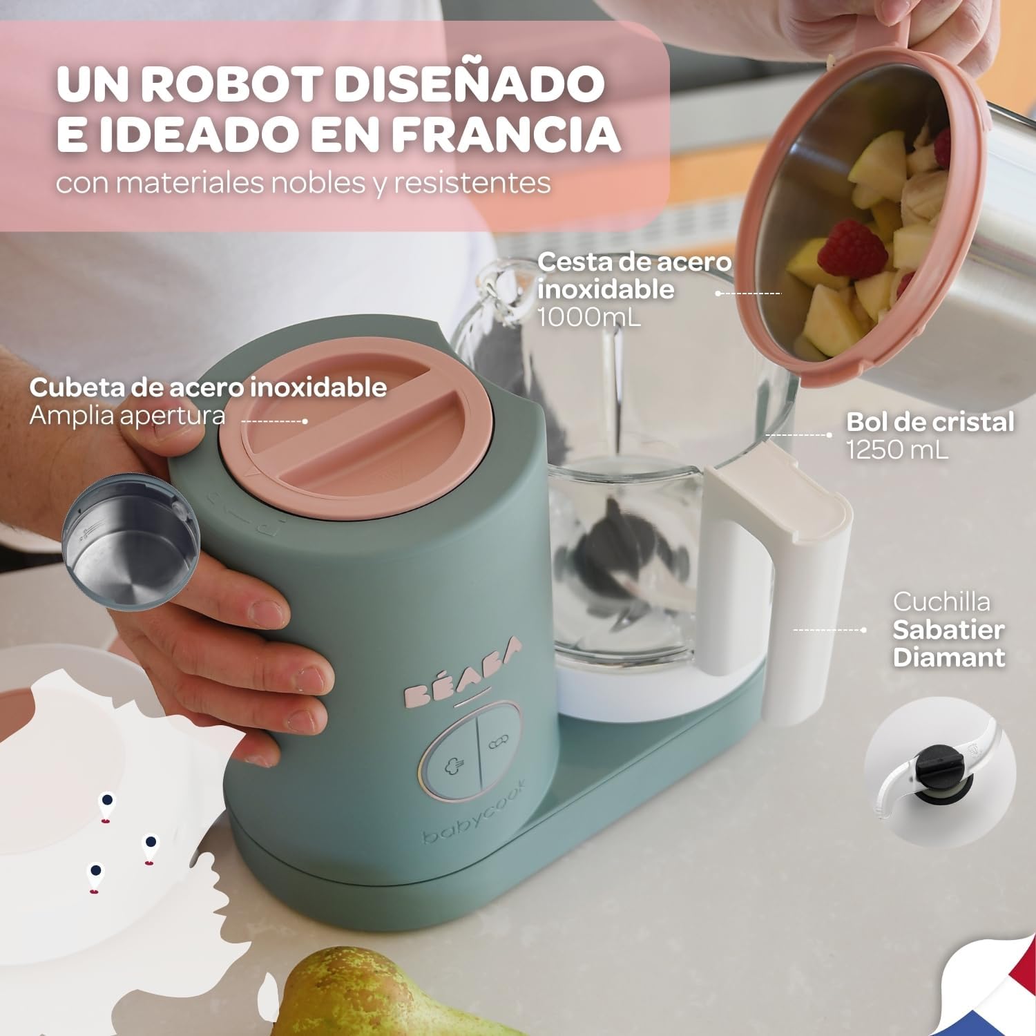BÉABA Babycook Neo, Robot de cocina infantil, tritura, cocina y cuece al vapor, Rápido en 15 minutos, Recipiente de vidrio y