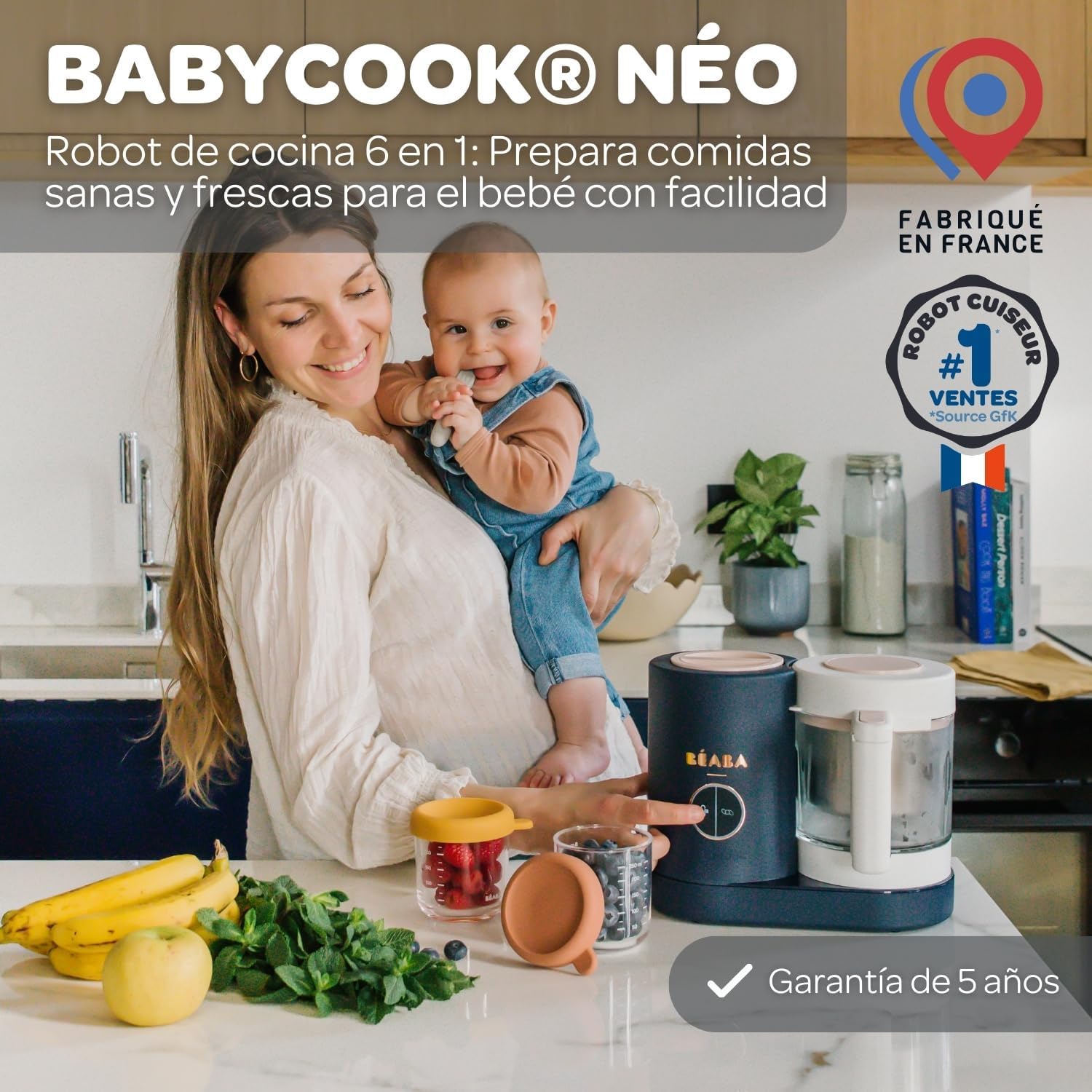 BÉABA Babycook Neo, Robot de cocina infantil, tritura, cocina y cuece al vapor, Rápido en 15 minutos, Recipiente de vidrio y