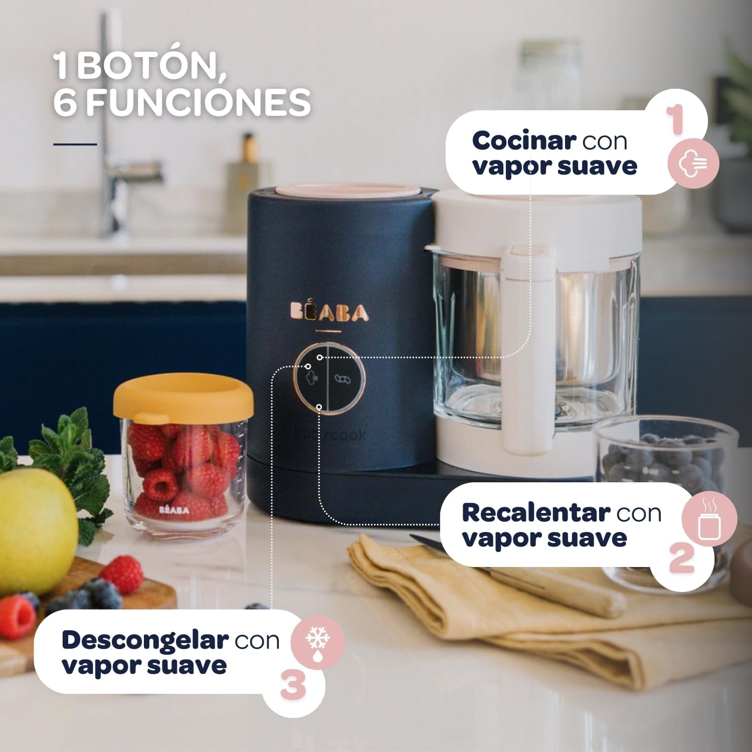 BÉABA Babycook Neo, Robot de cocina infantil, tritura, cocina y cuece al vapor, Rápido en 15 minutos, Recipiente de vidrio y