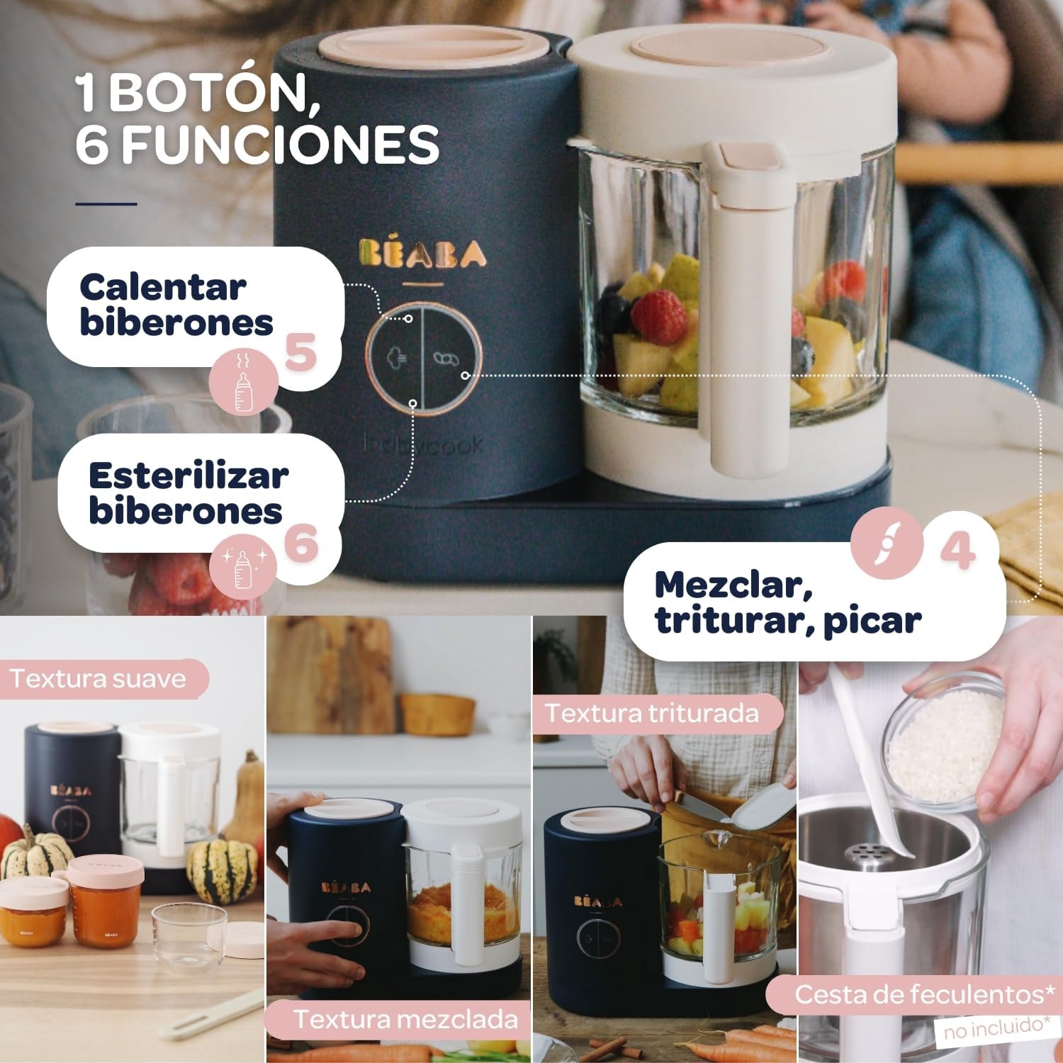 BÉABA Babycook Neo, Robot de cocina infantil, tritura, cocina y cuece al vapor, Rápido en 15 minutos, Recipiente de vidrio y