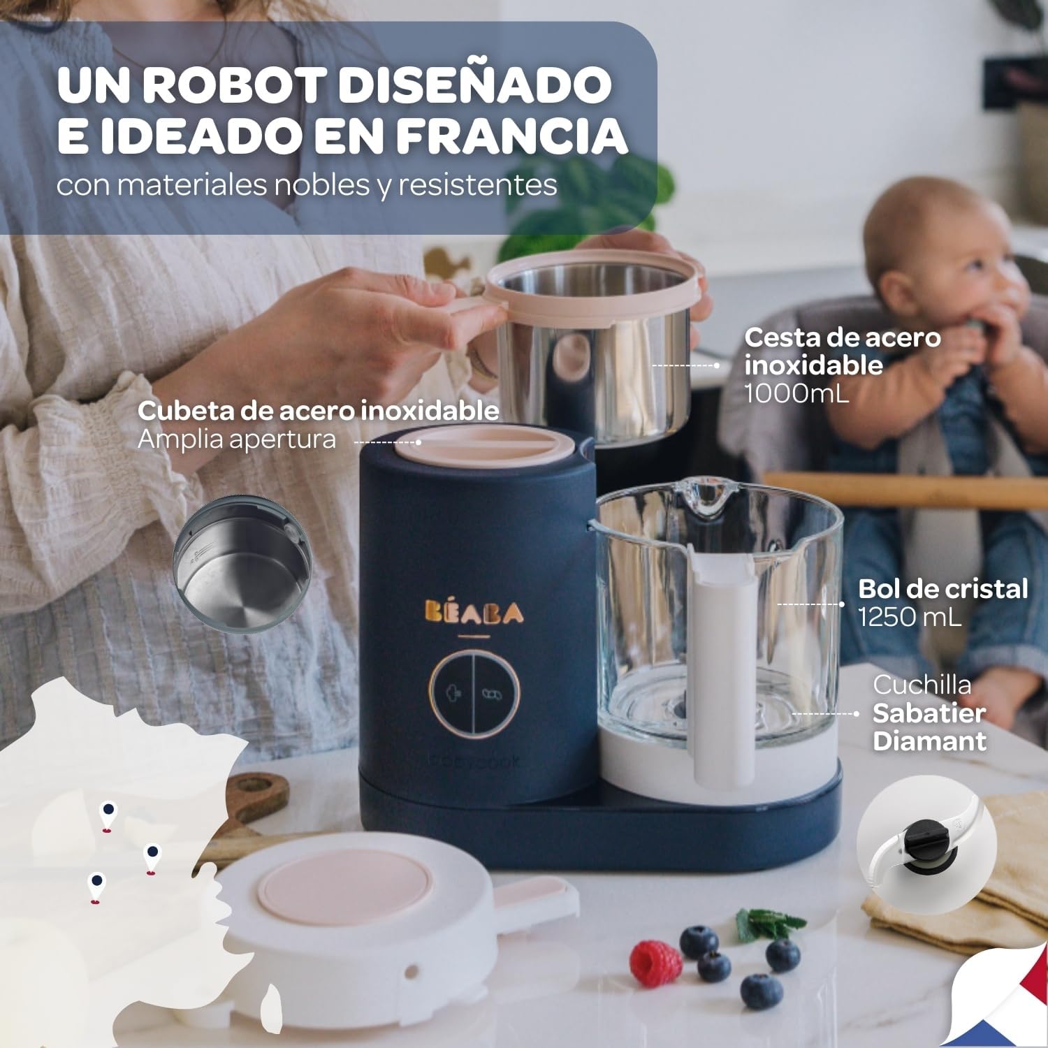 BÉABA Babycook Neo, Robot de cocina infantil, tritura, cocina y cuece al vapor, Rápido en 15 minutos, Recipiente de vidrio y