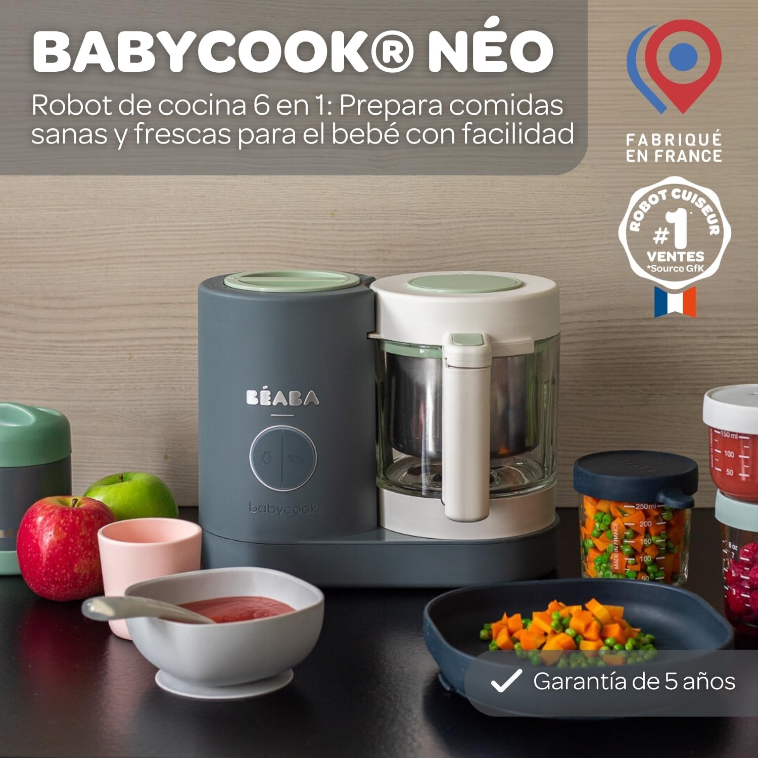 BÉABA Babycook Neo, Robot de cocina infantil, tritura, cocina y cuece al vapor, Rápido en 15 minutos, Recipiente de vidrio y
