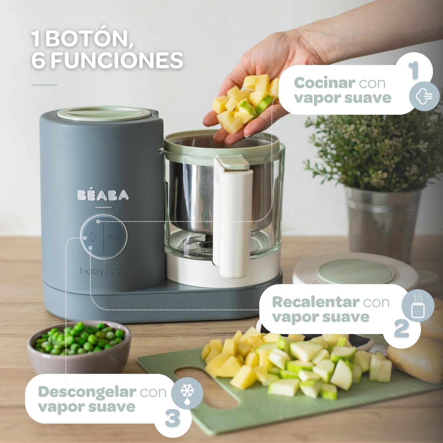 BÉABA Babycook Neo, Robot de cocina infantil, tritura, cocina y cuece al vapor, Rápido en 15 minutos, Recipiente de vidrio y
