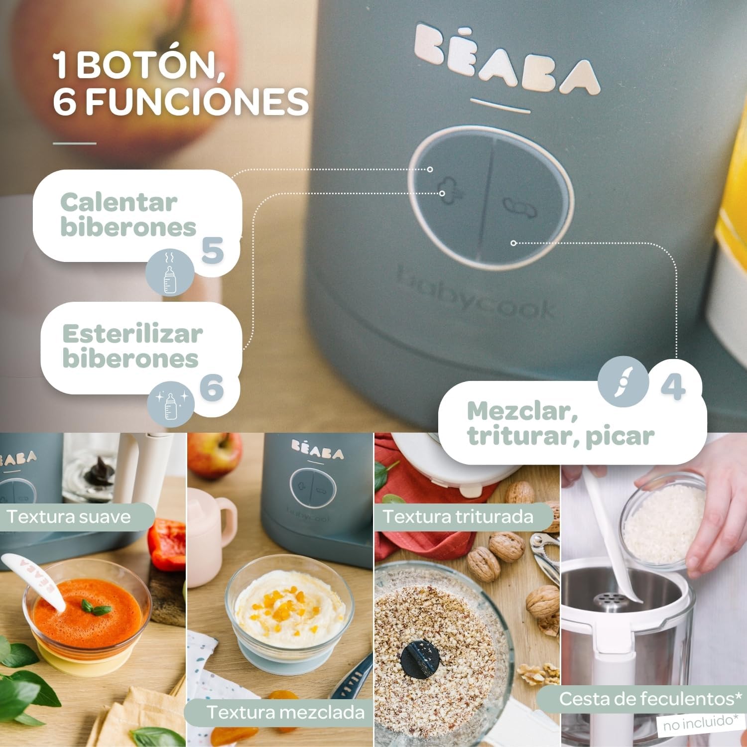 BÉABA Babycook Neo, Robot de cocina infantil, tritura, cocina y cuece al vapor, Rápido en 15 minutos, Recipiente de vidrio y