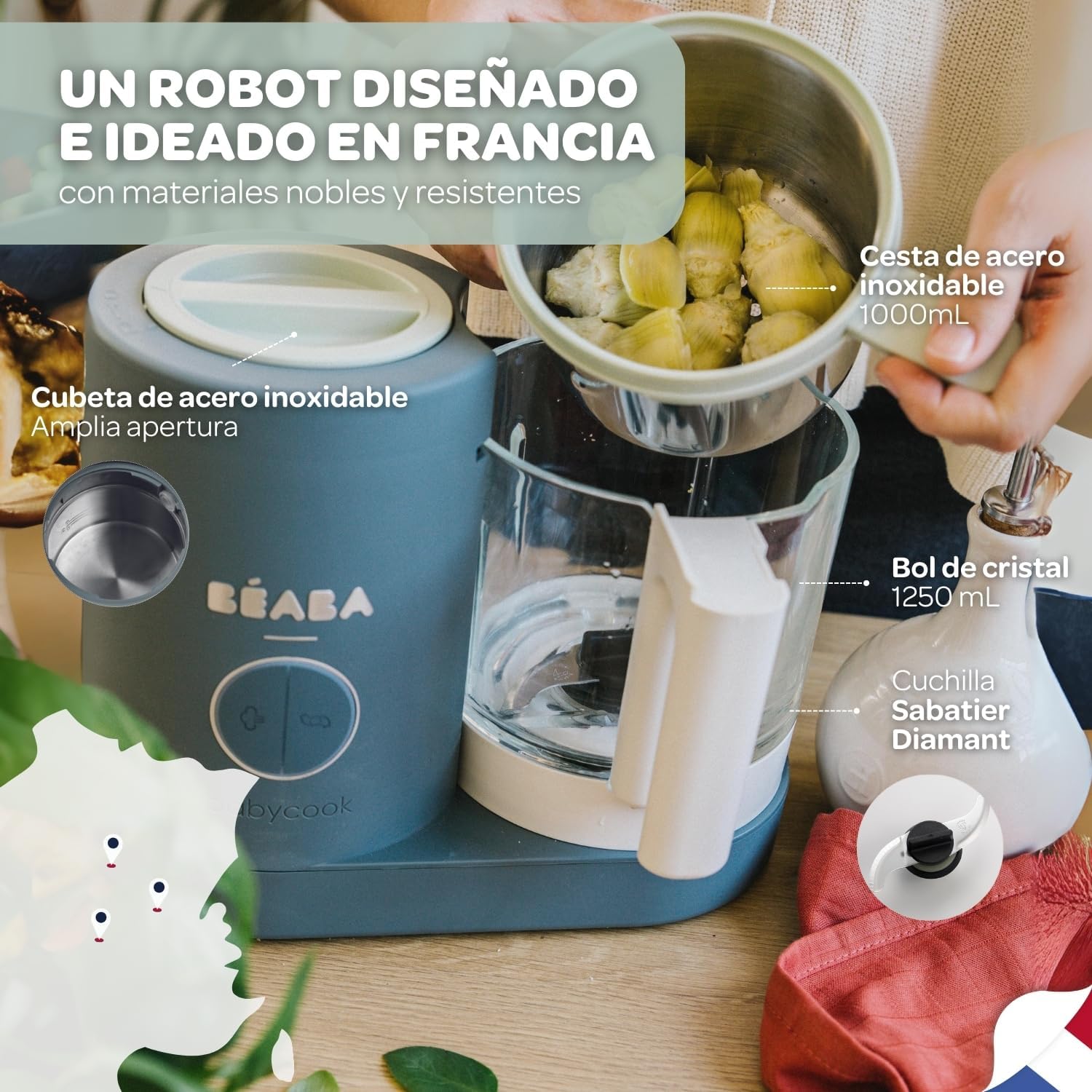 BÉABA Babycook Neo, Robot de cocina infantil, tritura, cocina y cuece al vapor, Rápido en 15 minutos, Recipiente de vidrio y