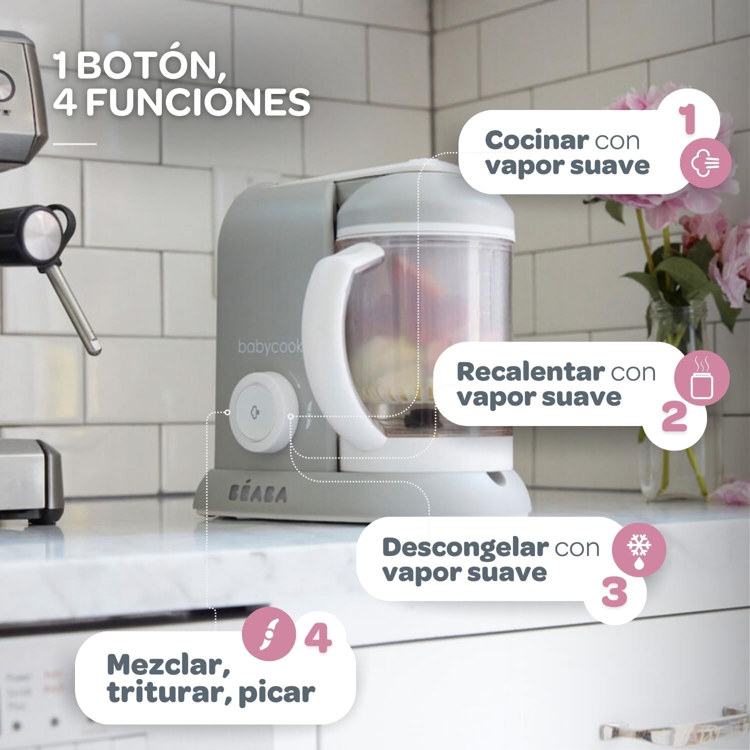 BÉABA Babycook Solo, Robot de cocina infantil 4 en 1, Tritura, cocina y cuece al vapor, Cocción rápida, Comida casera y delic