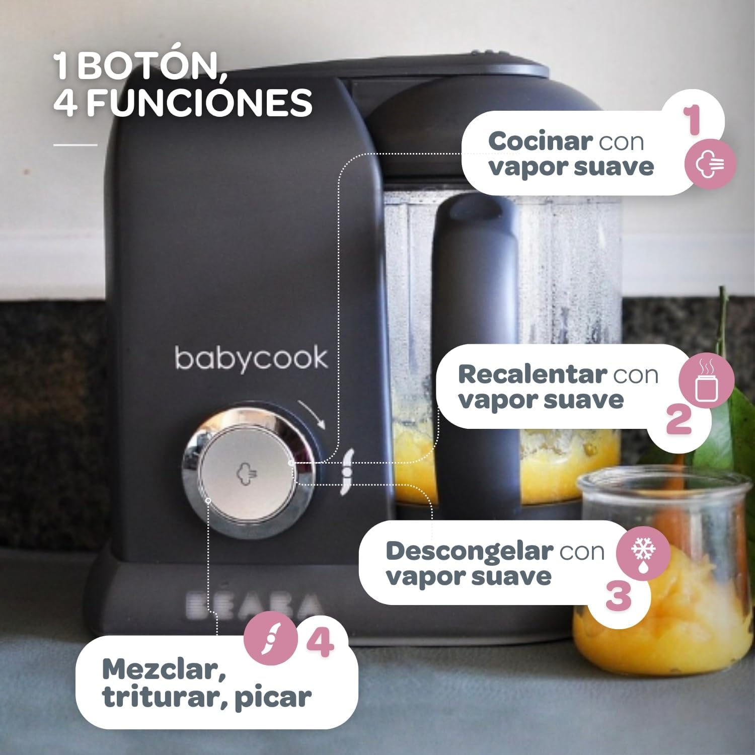 BÉABA Babycook Solo, Robot de cocina infantil 4 en 1, Tritura, cocina y cuece al vapor, Cocción rápida, Comida casera y delic