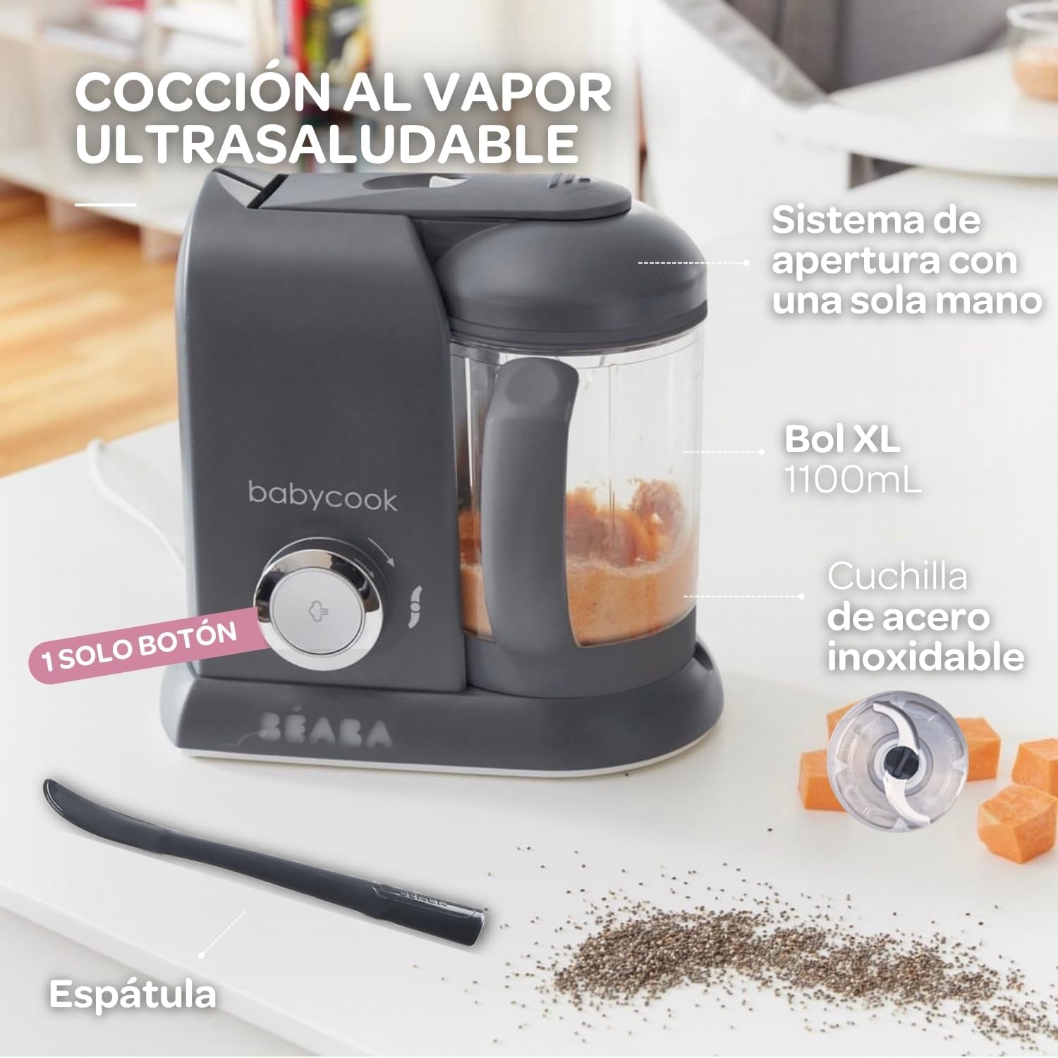 BÉABA Babycook Solo, Robot de cocina infantil 4 en 1, Tritura, cocina y cuece al vapor, Cocción rápida, Comida casera y delic