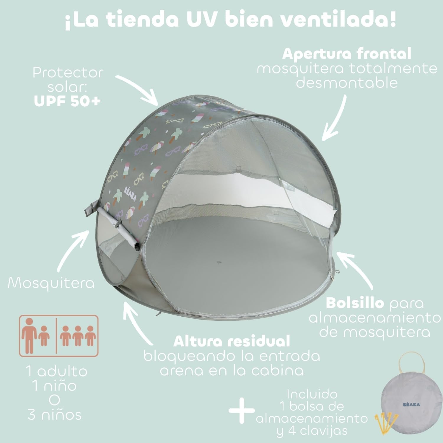 BÉABA, Tienda De Playa para Bebé, Tienda Anti UV Infantil, Protección Solar Máxima UPF50+, Filtrado UV, Ventilación 360°, Mos