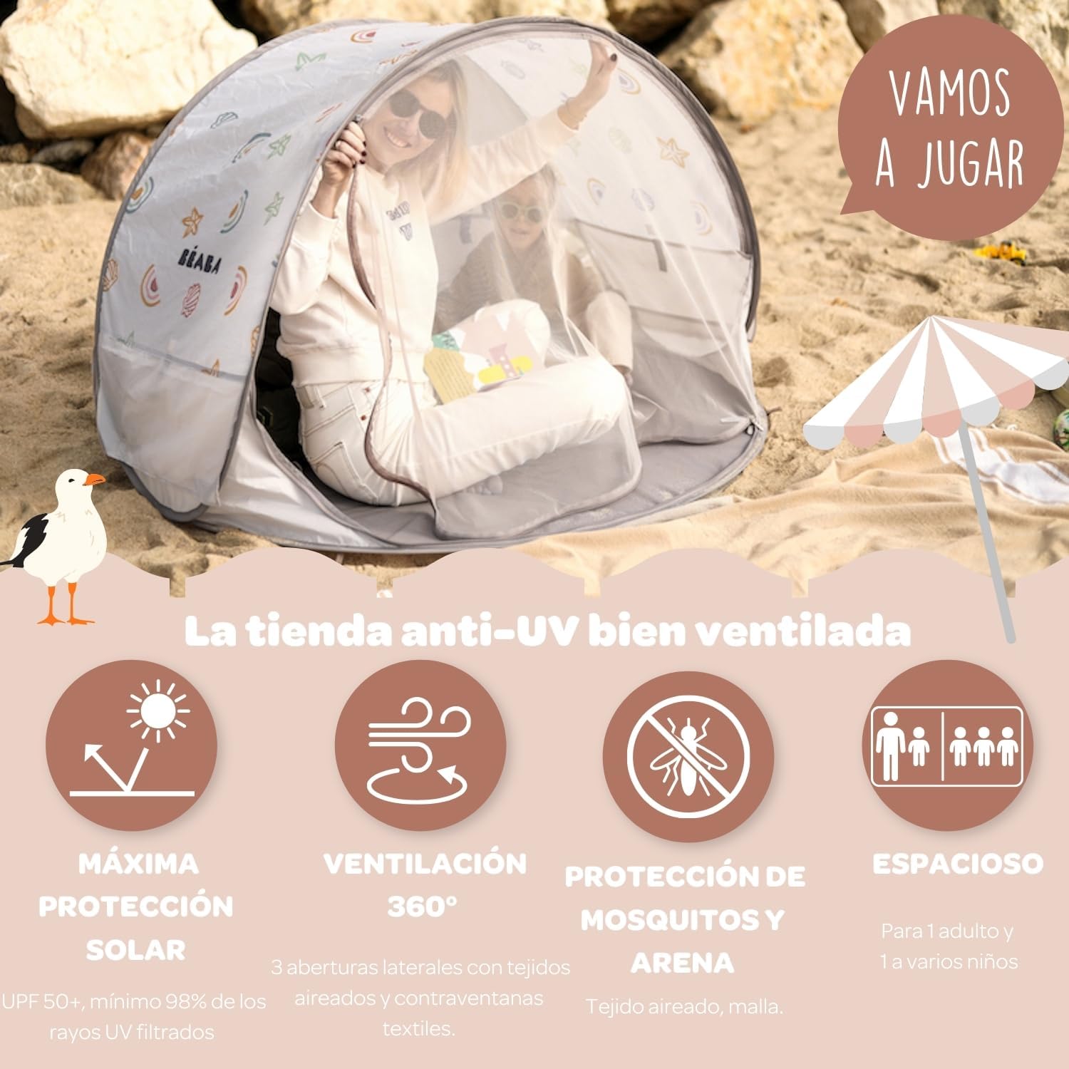 BÉABA, Tienda De Playa Para Bebé, Tienda Anti UV Infantil, Protección Solar Máxima UPF50+, Filtrado UV, Ventilación 360°, Mos