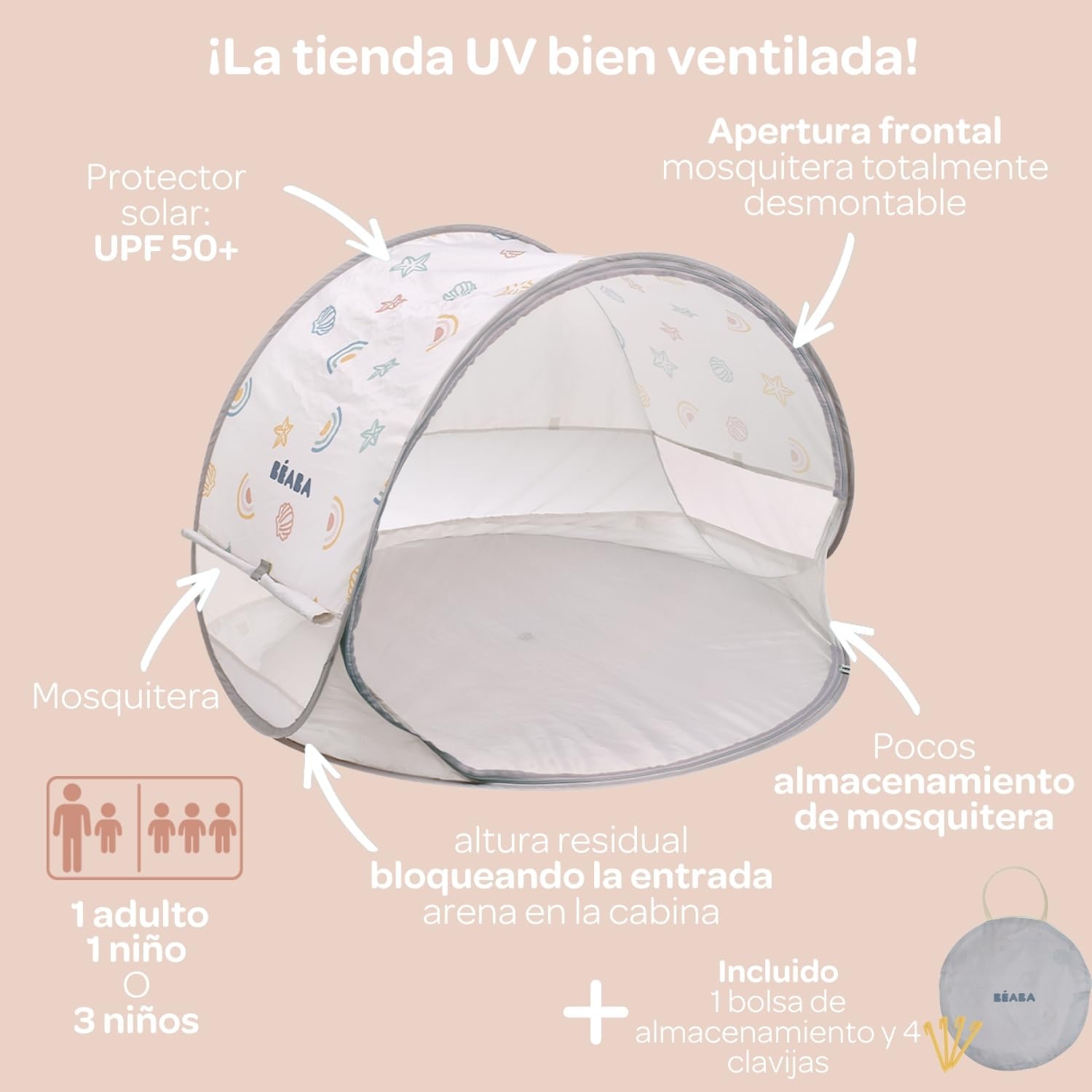 BÉABA, Tienda De Playa Para Bebé, Tienda Anti UV Infantil, Protección Solar Máxima UPF50+, Filtrado UV, Ventilación 360°, Mos