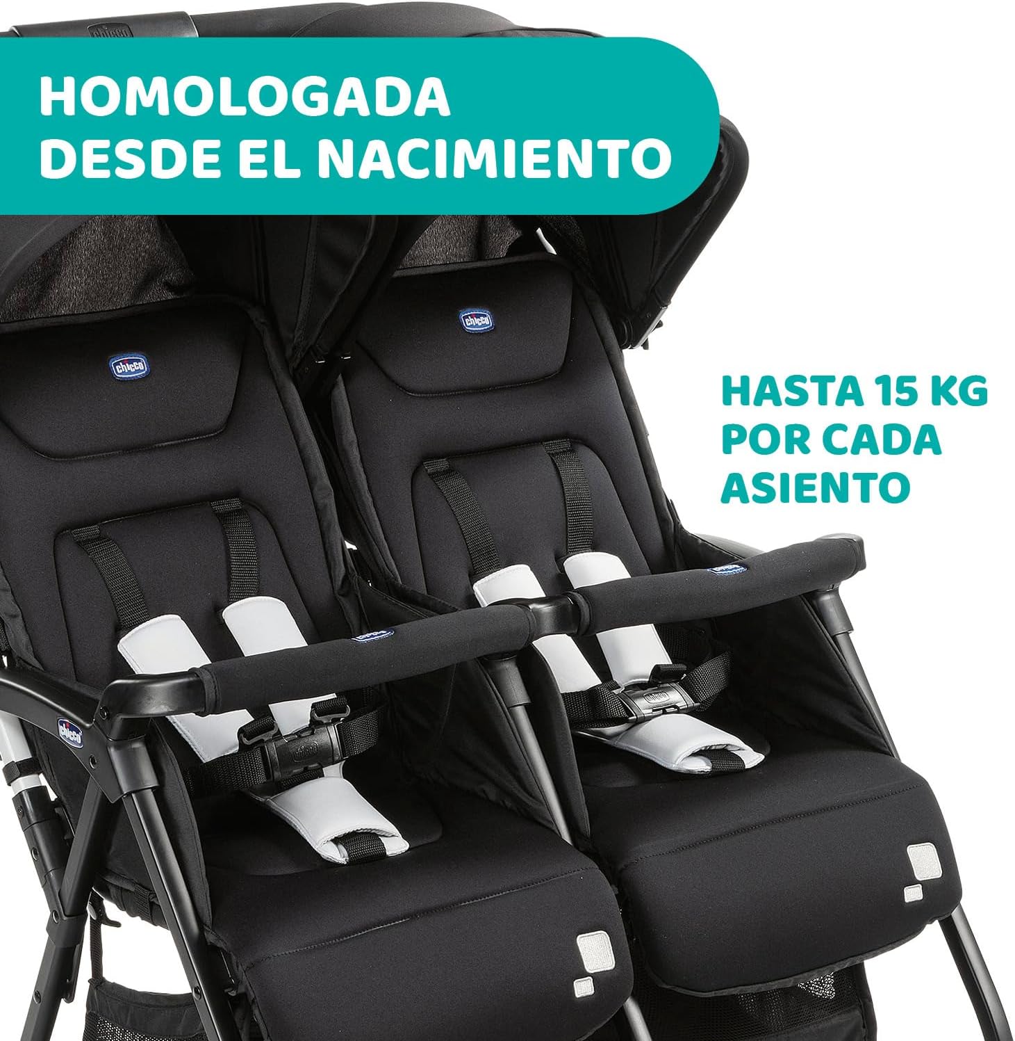 Chicco OHlalà - Cochecito doble doble doble de 0 meses a 15 kg, cochecito ligero reclinable y plegable, reposapiés ajustables