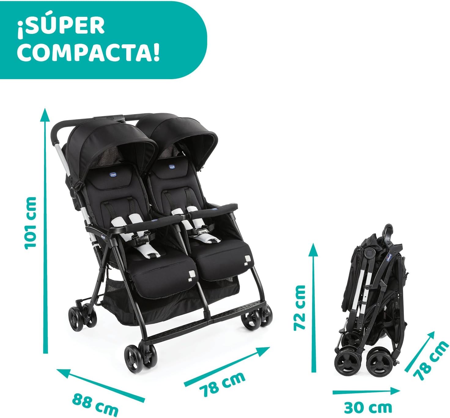 Chicco OHlalà Twin Silla de Paseo Gemelar desde 0 Meses hasta 15 kg para Gemelos y Hermanos, Cochecito Doble Reclinable y Ple