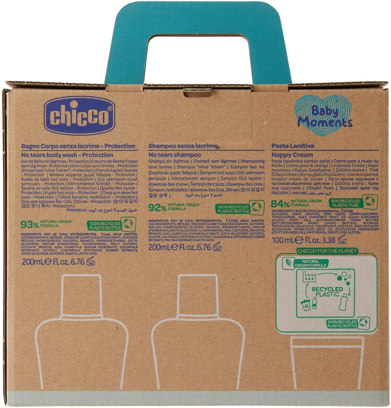 Chicco Set Baby Moments con Baño Corporal de 200 ml, Champú Sin Lágrimas de 200 ml, Pasta Calmante de 100 ml, Idea de Regalo,
