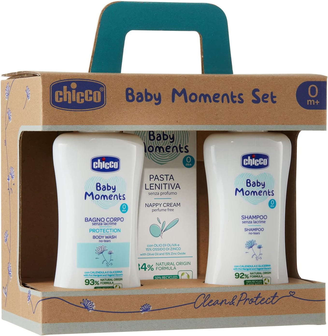 Chicco Set Baby Moments con Baño Corporal de 200 ml, Champú Sin Lágrimas de 200 ml, Pasta Calmante de 100 ml, Idea de Regalo,