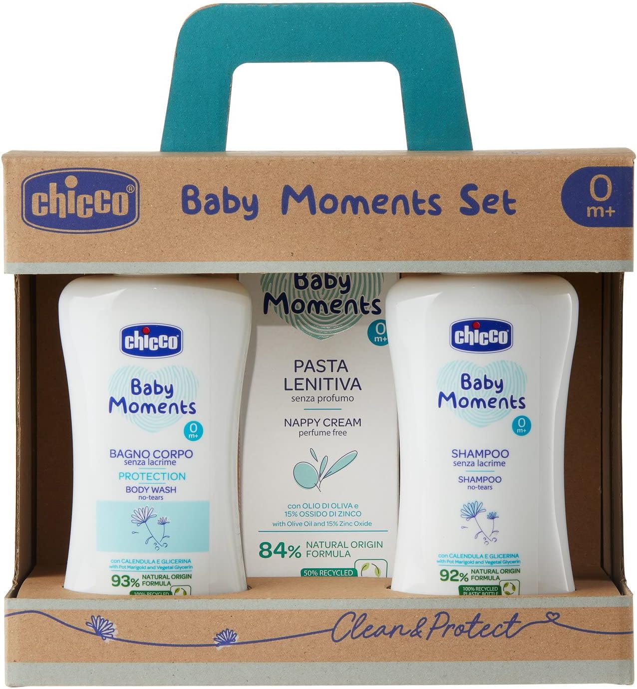 Chicco Set Baby Moments con Baño Corporal de 200 ml, Champú Sin Lágrimas de 200 ml, Pasta Calmante de 100 ml, Idea de Regalo,