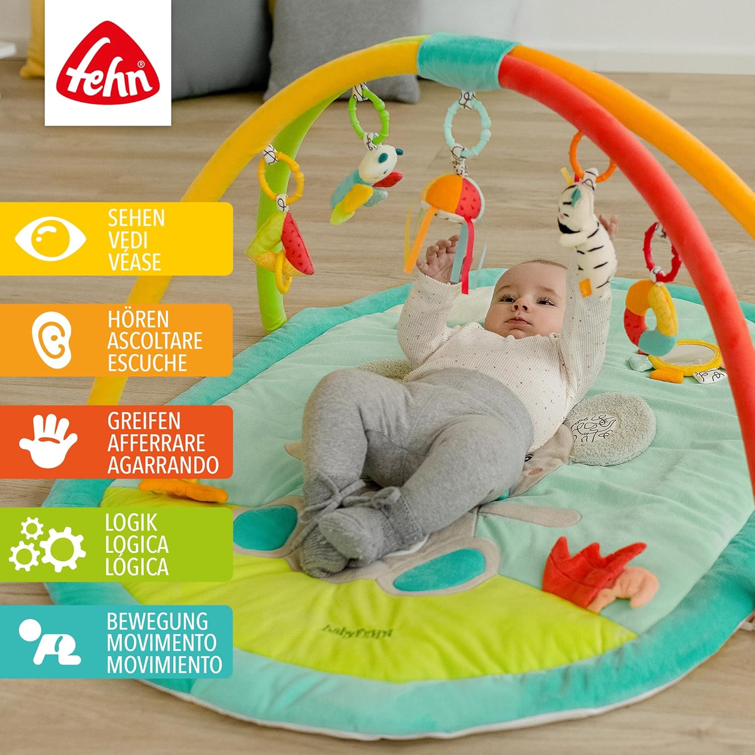 Fehn 3-D-Activity-Decke Koala – Erlebnisdecke mit Spielbogen & abnehmbaren Spielzeugen Zum Greifen – Spieldecke für Babys und