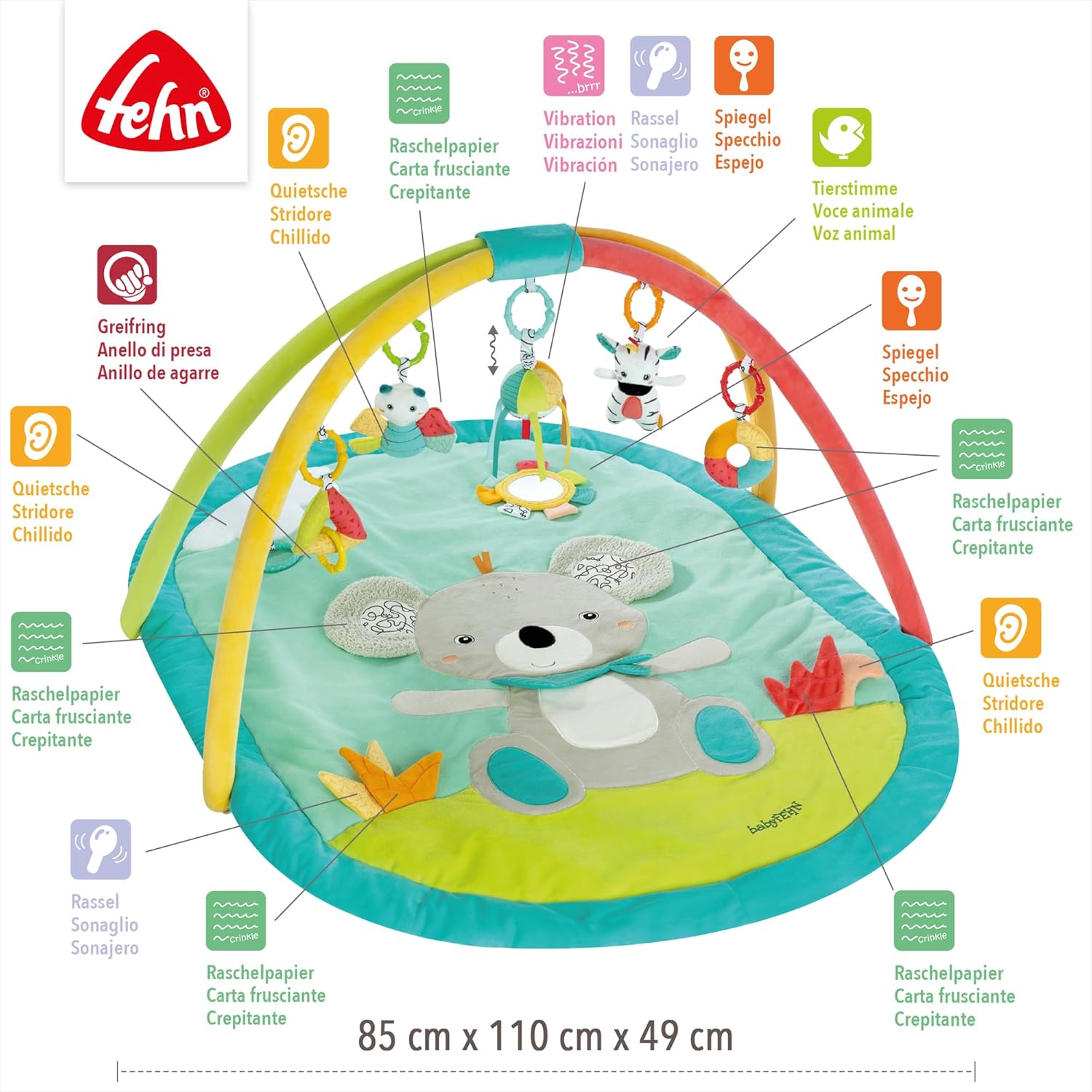 Fehn 3-D-Activity-Decke Koala – Erlebnisdecke mit Spielbogen & abnehmbaren Spielzeugen Zum Greifen – Spieldecke für Babys und