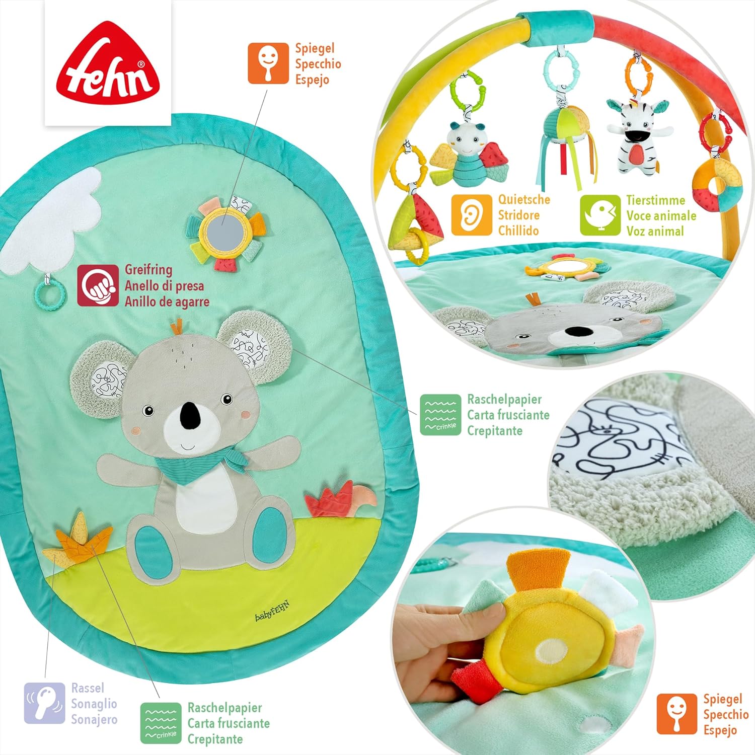 Fehn 3-D-Activity-Decke Koala – Erlebnisdecke mit Spielbogen & abnehmbaren Spielzeugen Zum Greifen – Spieldecke für Babys und