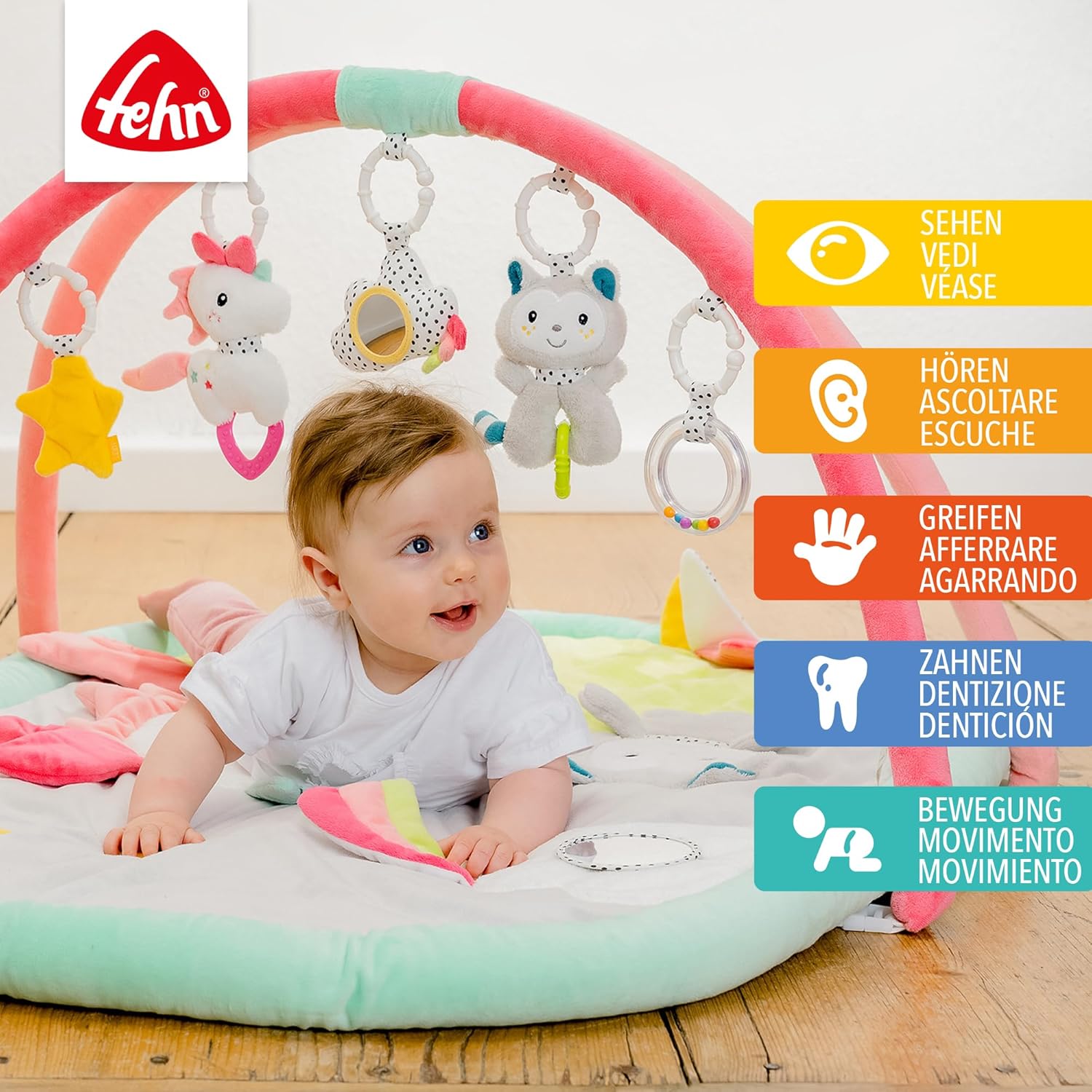 Fehn manta de actividades 3D arco de juegos Aiko y Yuki - Manta de juego para bebés con 5 juguetes extraíbles para agarrar -