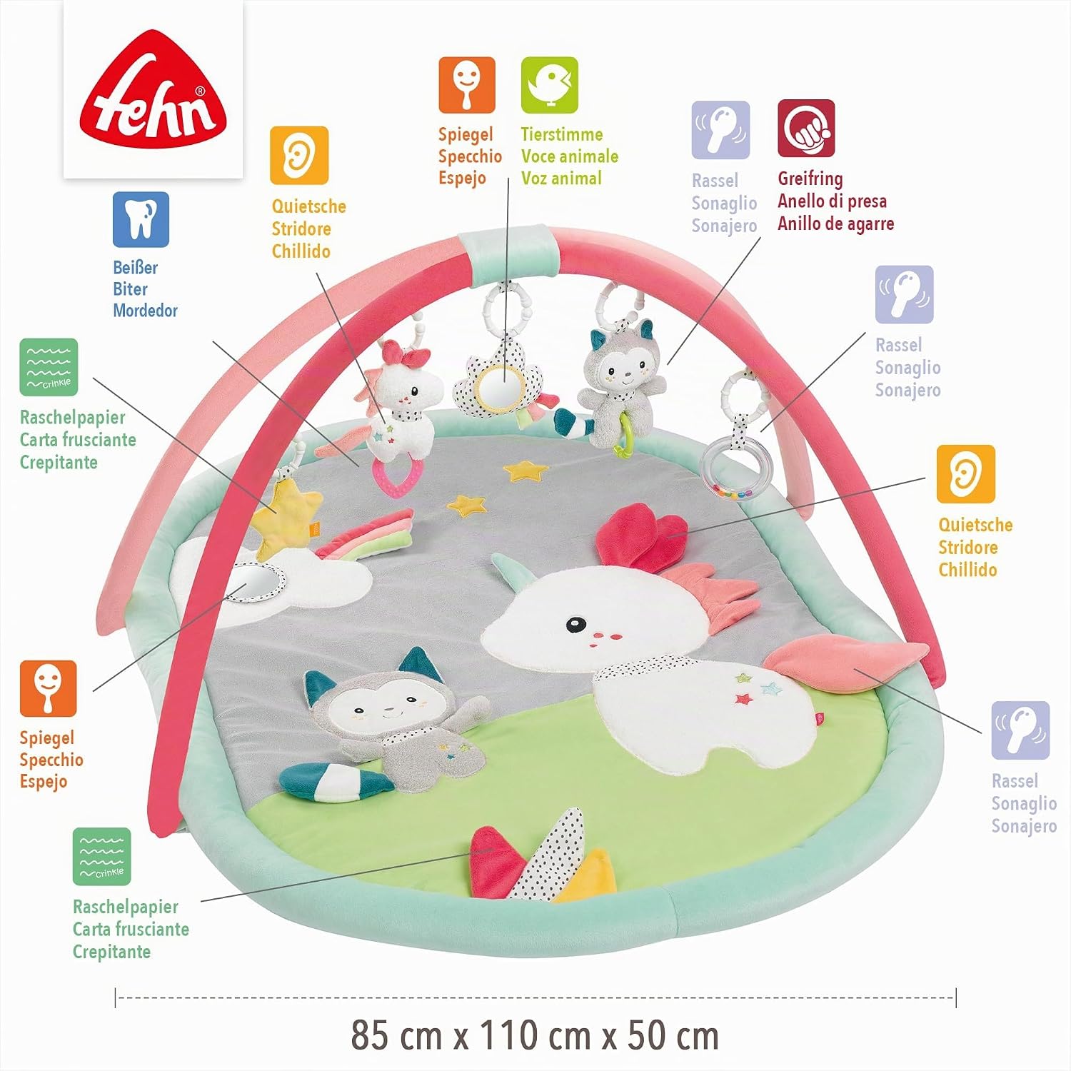 Fehn manta de actividades 3D arco de juegos Aiko y Yuki - Manta de juego para bebés con 5 juguetes extraíbles para agarrar -