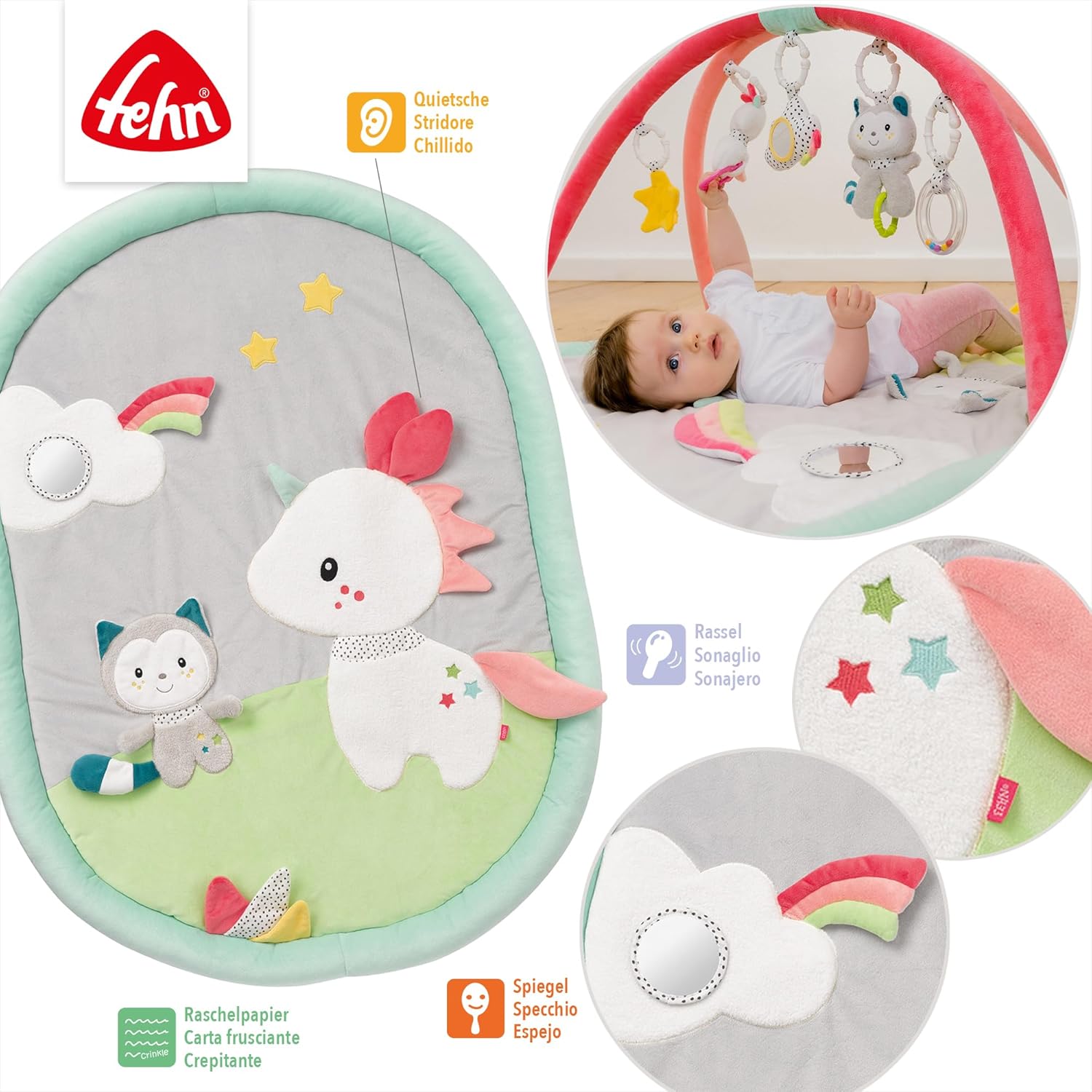 Fehn manta de actividades 3D arco de juegos Aiko y Yuki - Manta de juego para bebés con 5 juguetes extraíbles para agarrar -