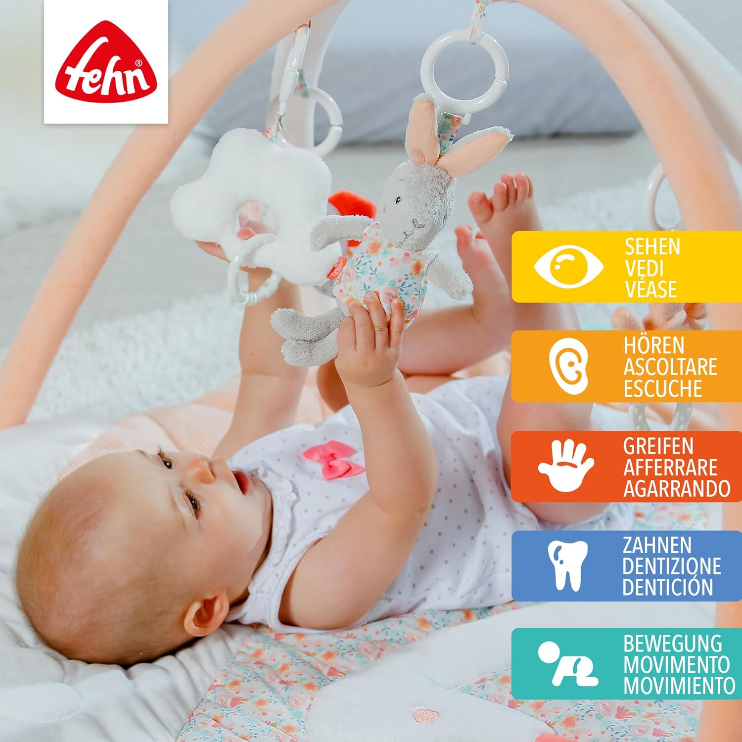 Fehn manta de actividades 3D arco de juegos cisne - Manta de juego para bebés con 5 juguetes extraíbles para agarrar - para b